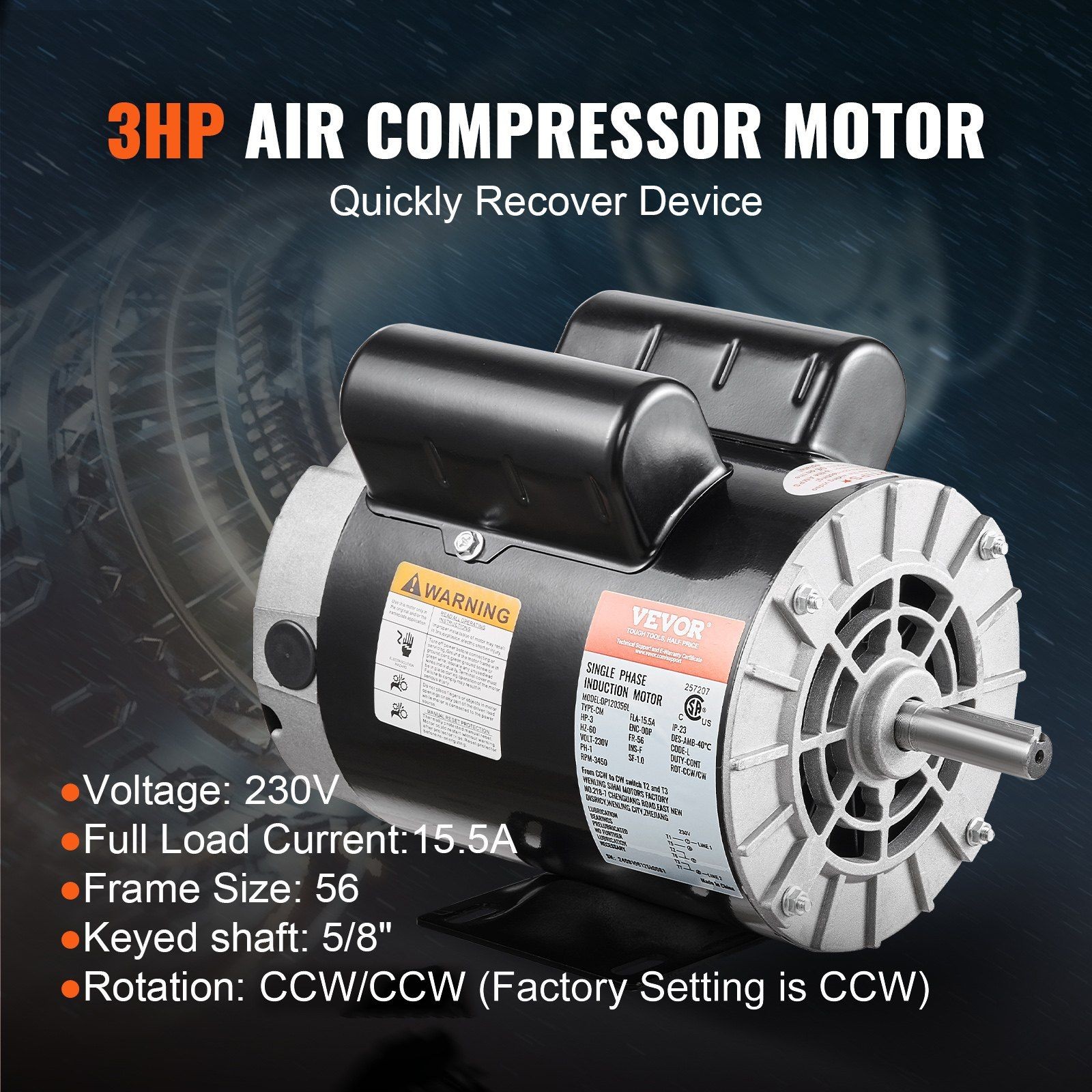 3HP 230V 15.5A 3450RPM 56Frame Reversible Motor Keyed 5/8in Shaft