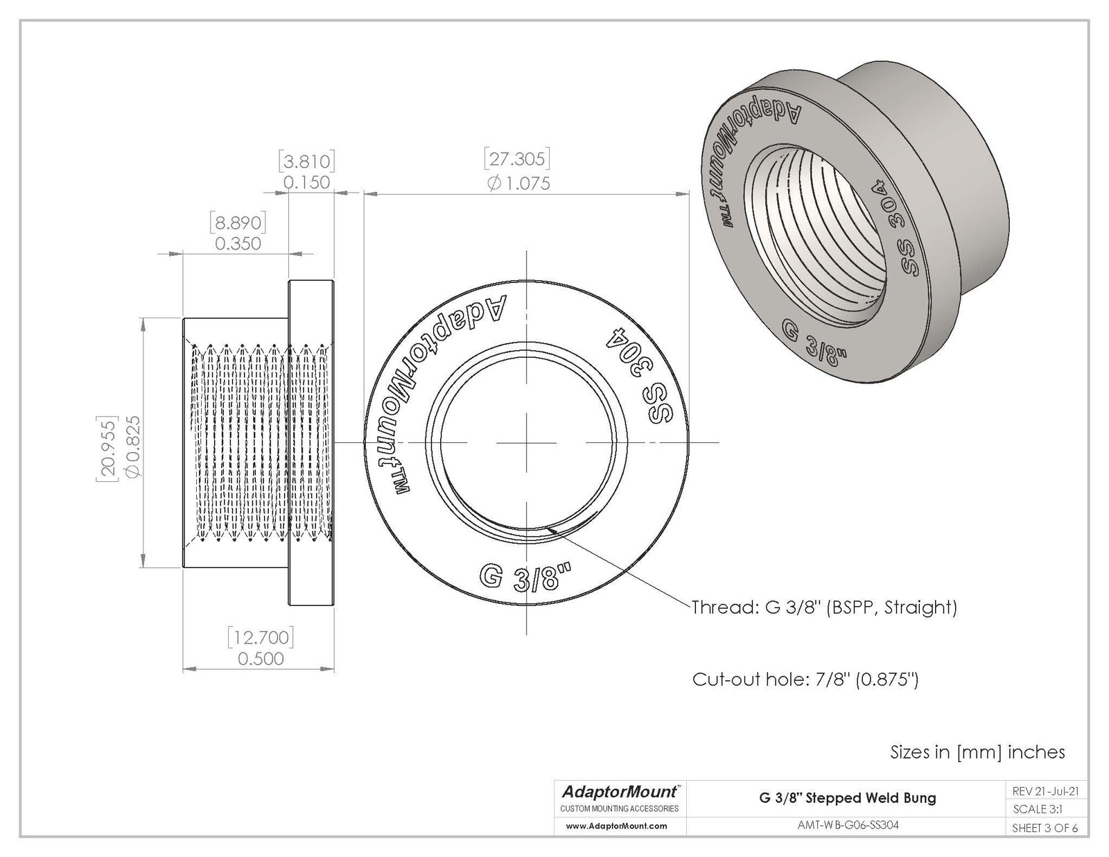G 3/8” (BSPP) Female Weld Bung – 304 Stainless Steel Stepped G 3/8″, Clear