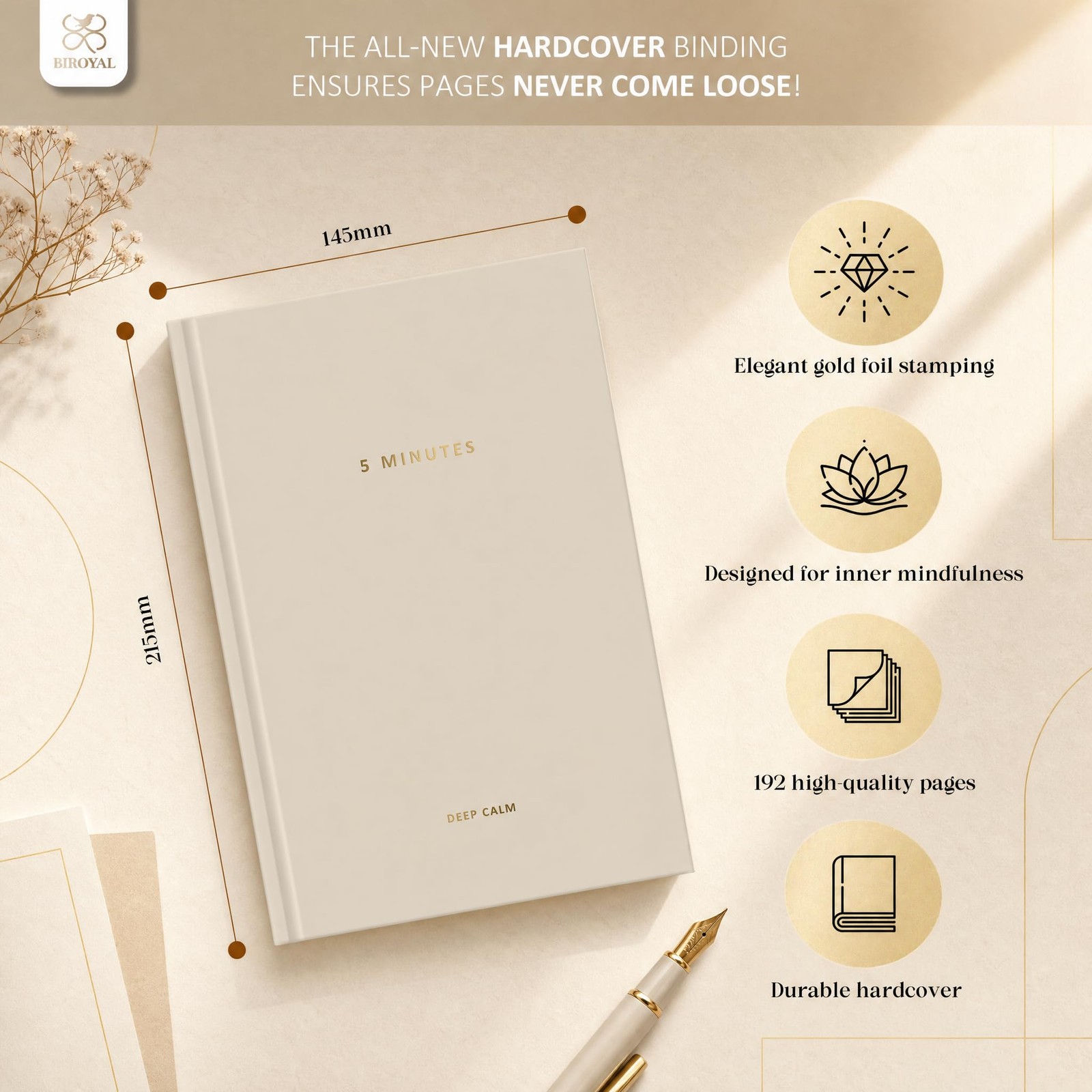 BIROYAL 5 Minute Gratitude Journal 2026 – Undated Daily Khaki
