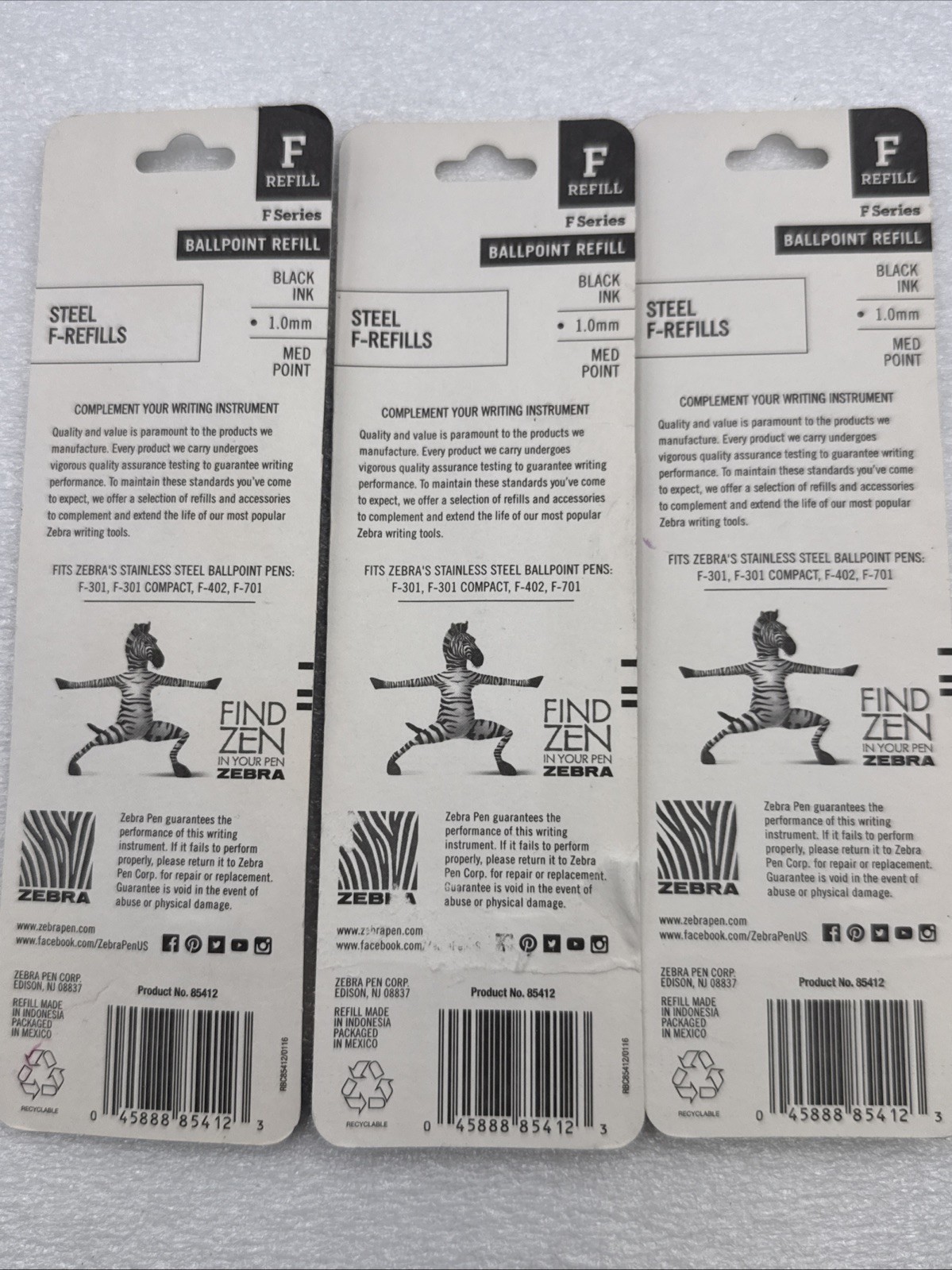 Lot 3 Packs (6 Total) Zebra Steel F-Refills Ballpoint Pens Black Ink 1.0mm MED