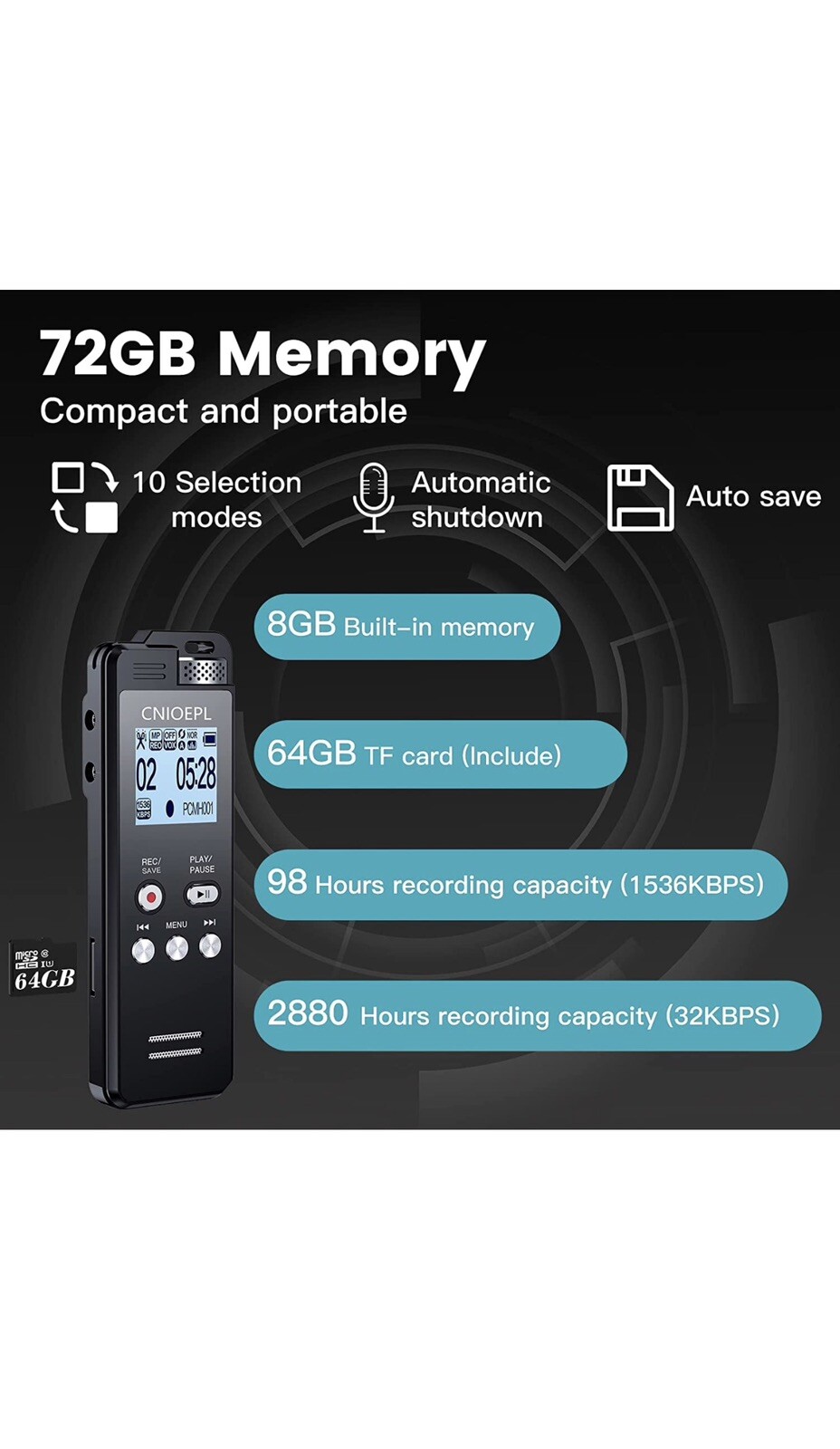 72GB Digital Voice Recorder 1536KBPS 5148h Recording Capacity 24h for Recordi…