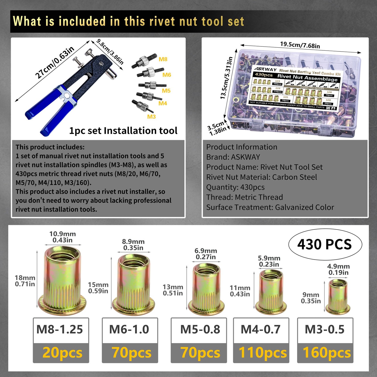 Pressure Rivet Nut Tool Kit, 430Pcs Metric Rivet Nut Combination M8/M6/M5/M4/…