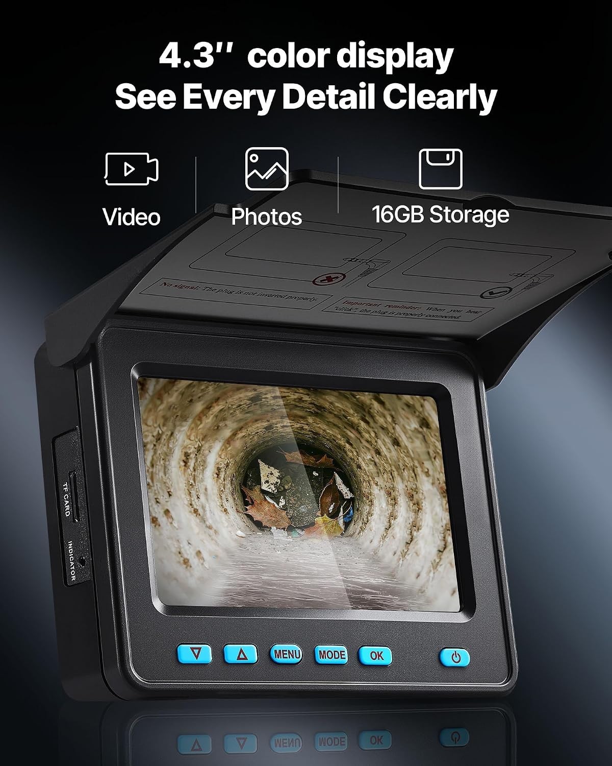 4.3» Drain Inspection Camera with 6 LEDs & 4500mAh Battery for Pipe Inspections