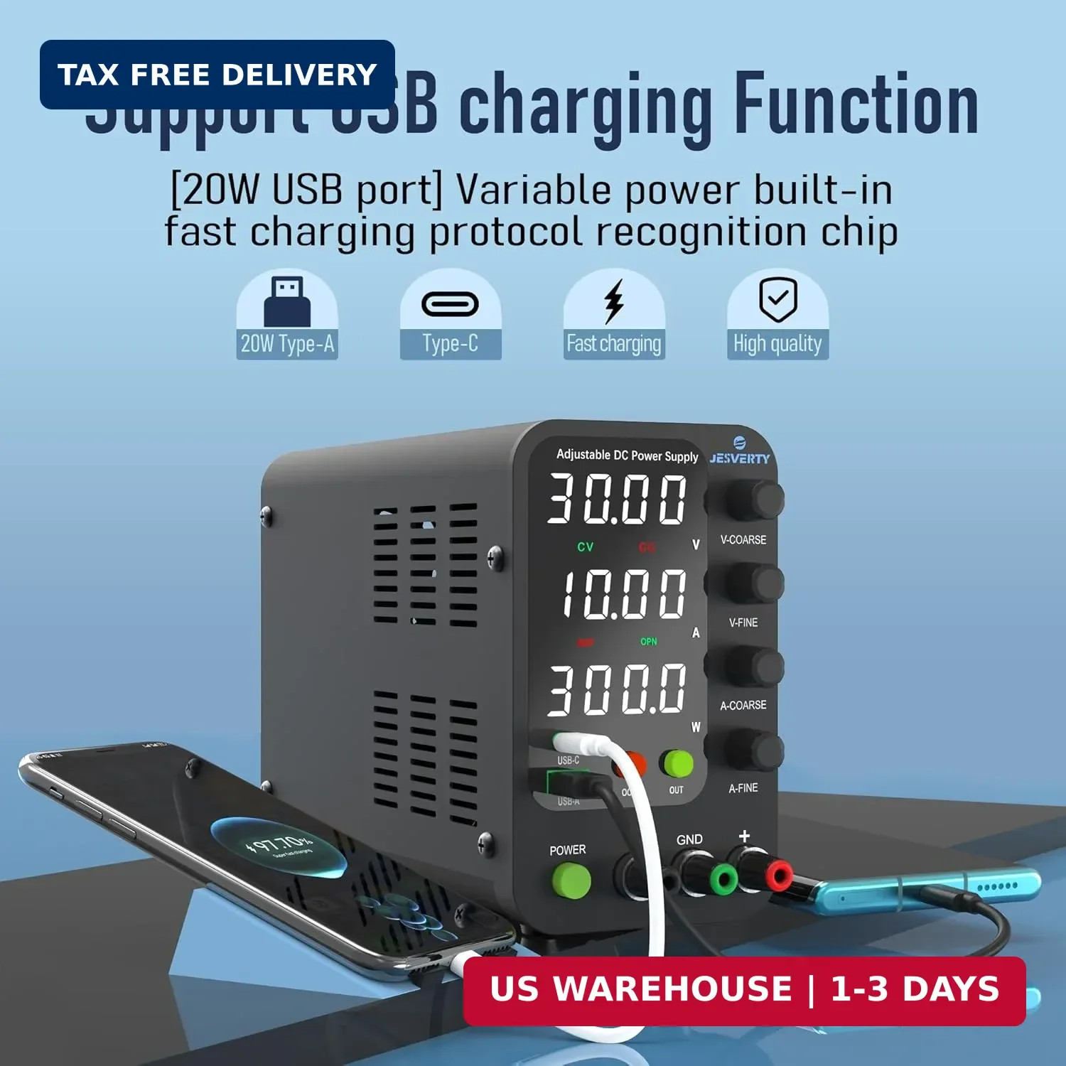 DC Power Supply Variable, 0-32V 0-10A Switching Bench Power Supply with 20W USB