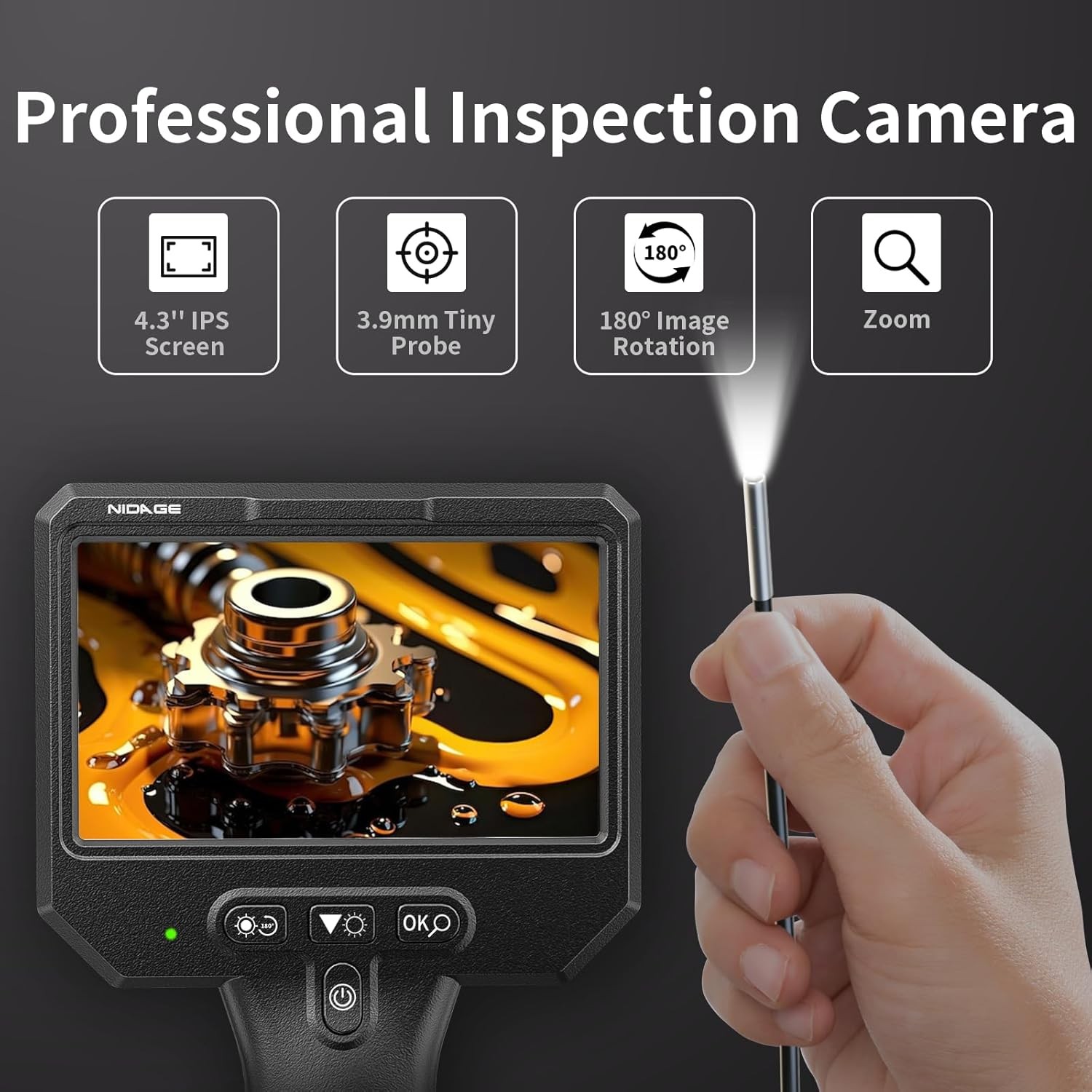 3.9mm Endoscope Camera with Light 1920P HD 5FT Semi-Rigid Cable IP67 Waterproof