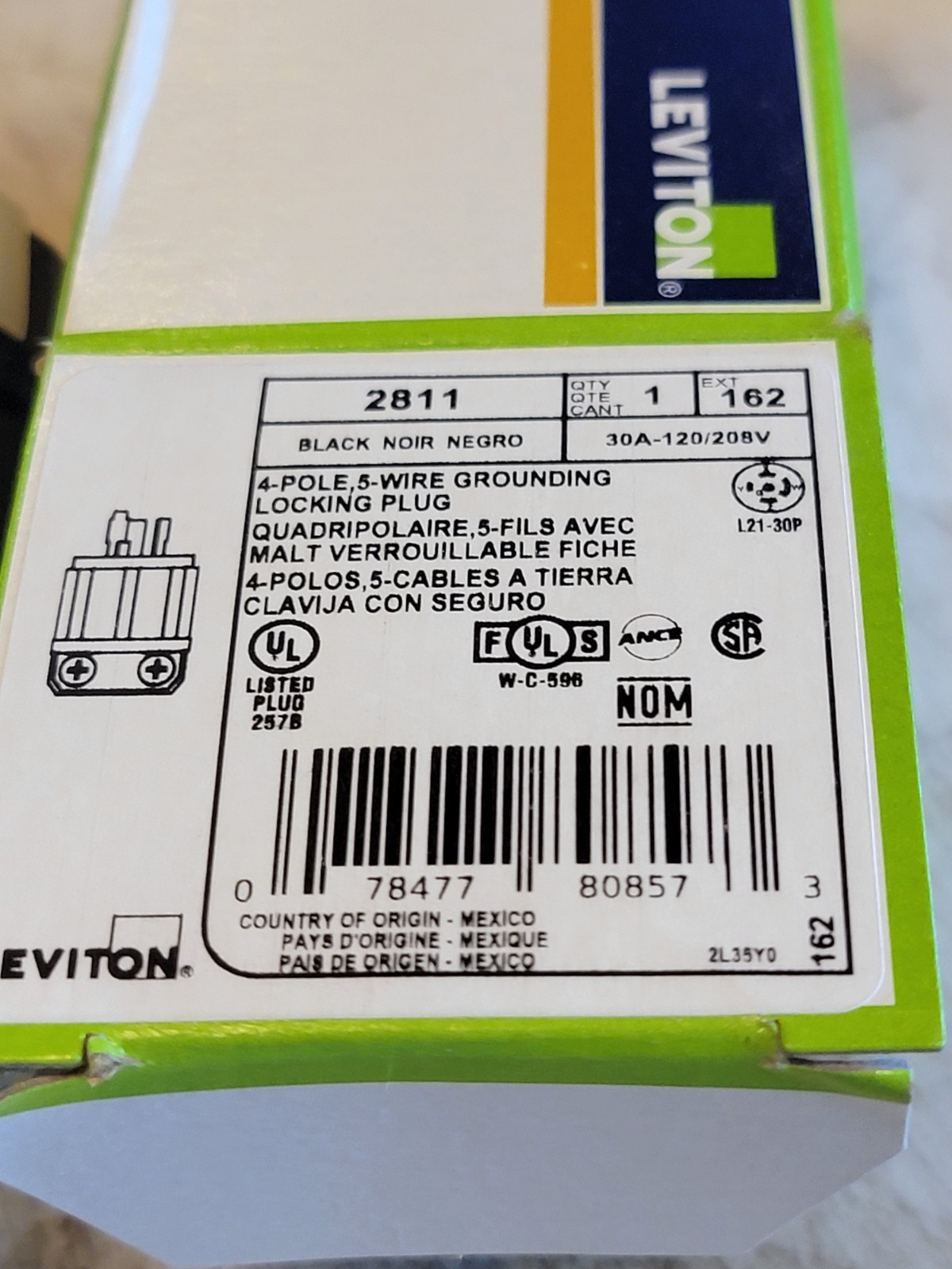 LEVITON 2811 30-AMP 120/208V 4-POLE, 5-WIRE, LOCKING PLUG GROUNDING