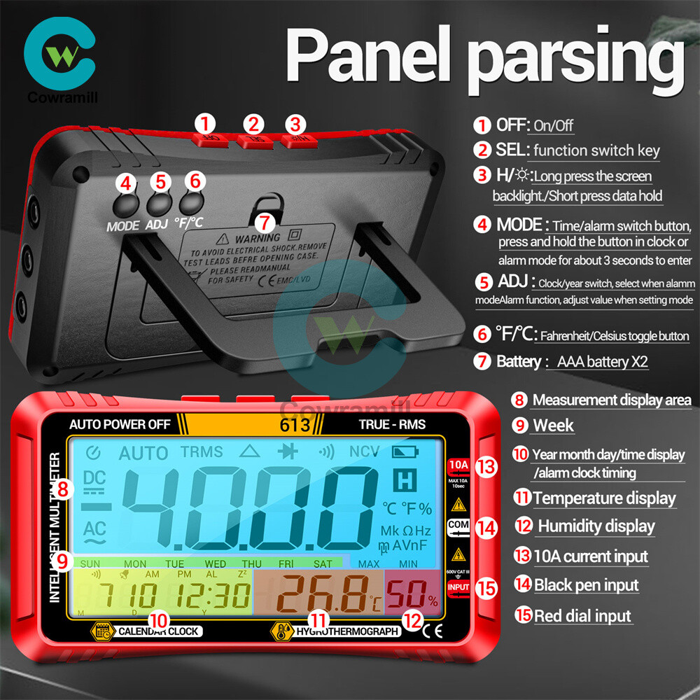 ANENG 612 613 AC/DC Digital Multimeter 4000Counts Calendar Temp Humidity Display
