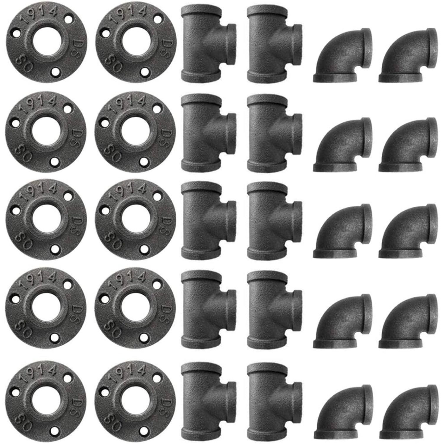 30-Pack 3/4» Black Malleable Iron Cast Pipe Fitting Flange Tees Elbow for DIY