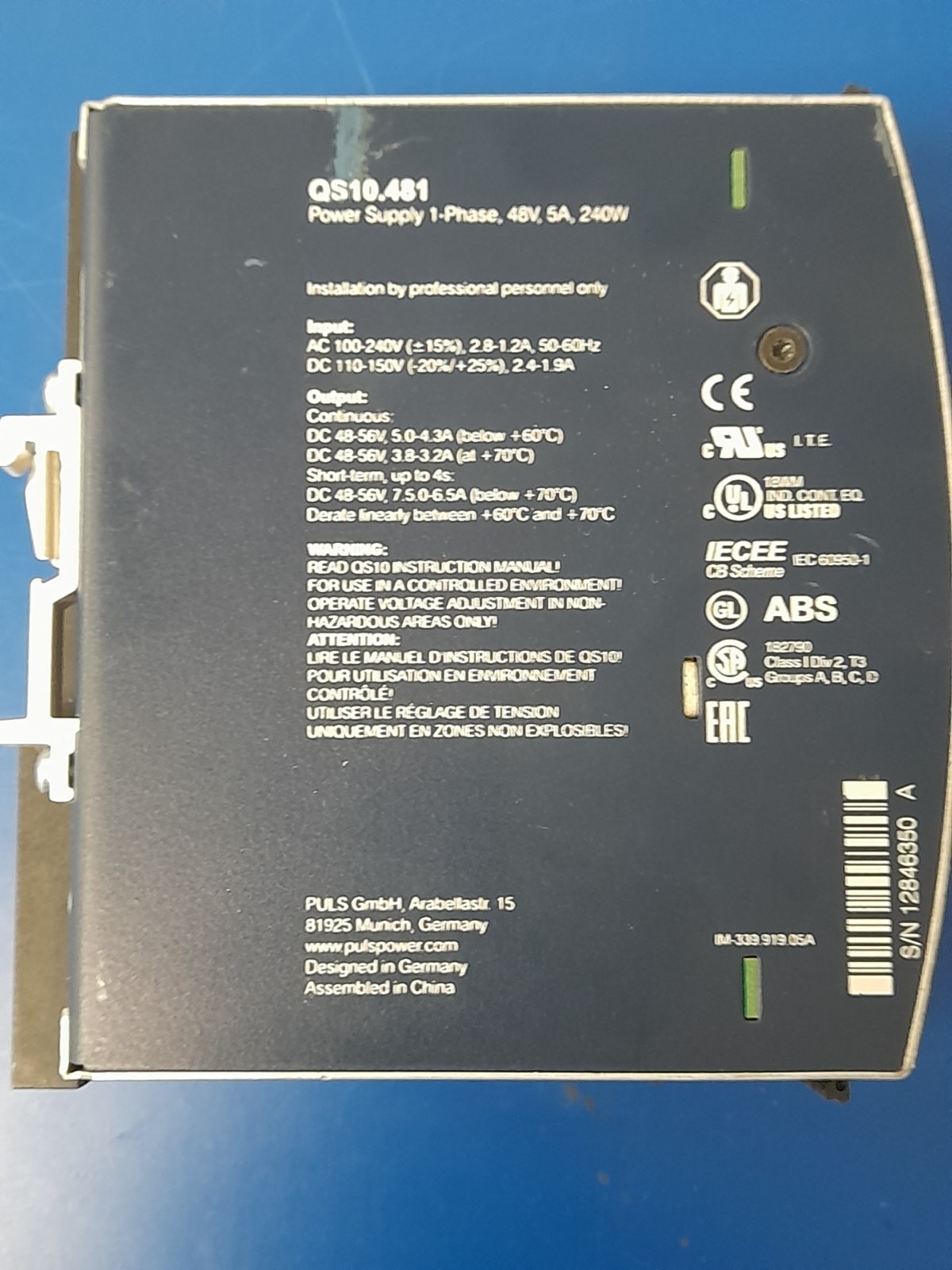 PULS QS10.481 DIN rail power supplY for 1-phase system 48 V, 5 A