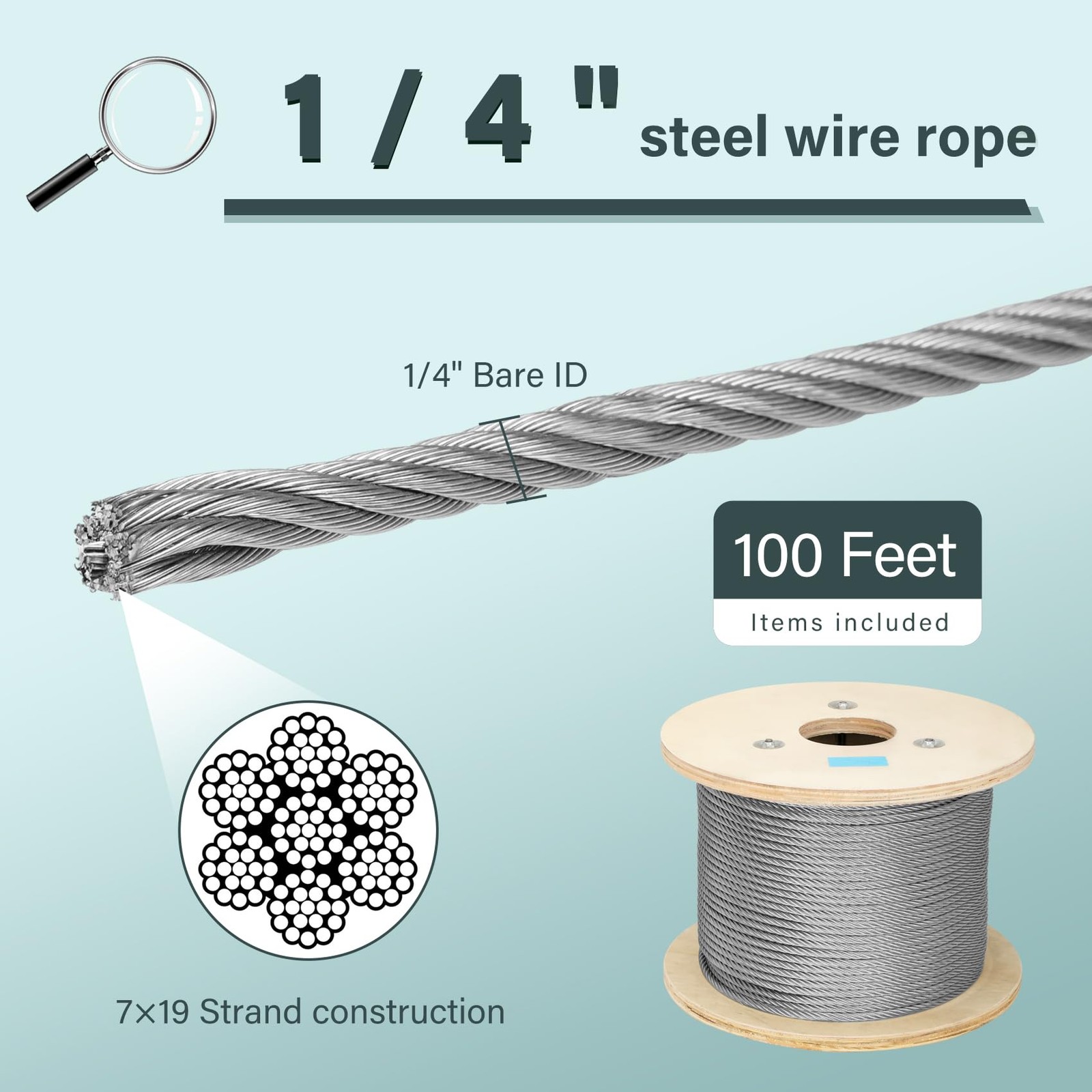1/4IN 100FT Stainless Steel Cable (7×19 Strands), 6400 lbs Breaking Strength,…