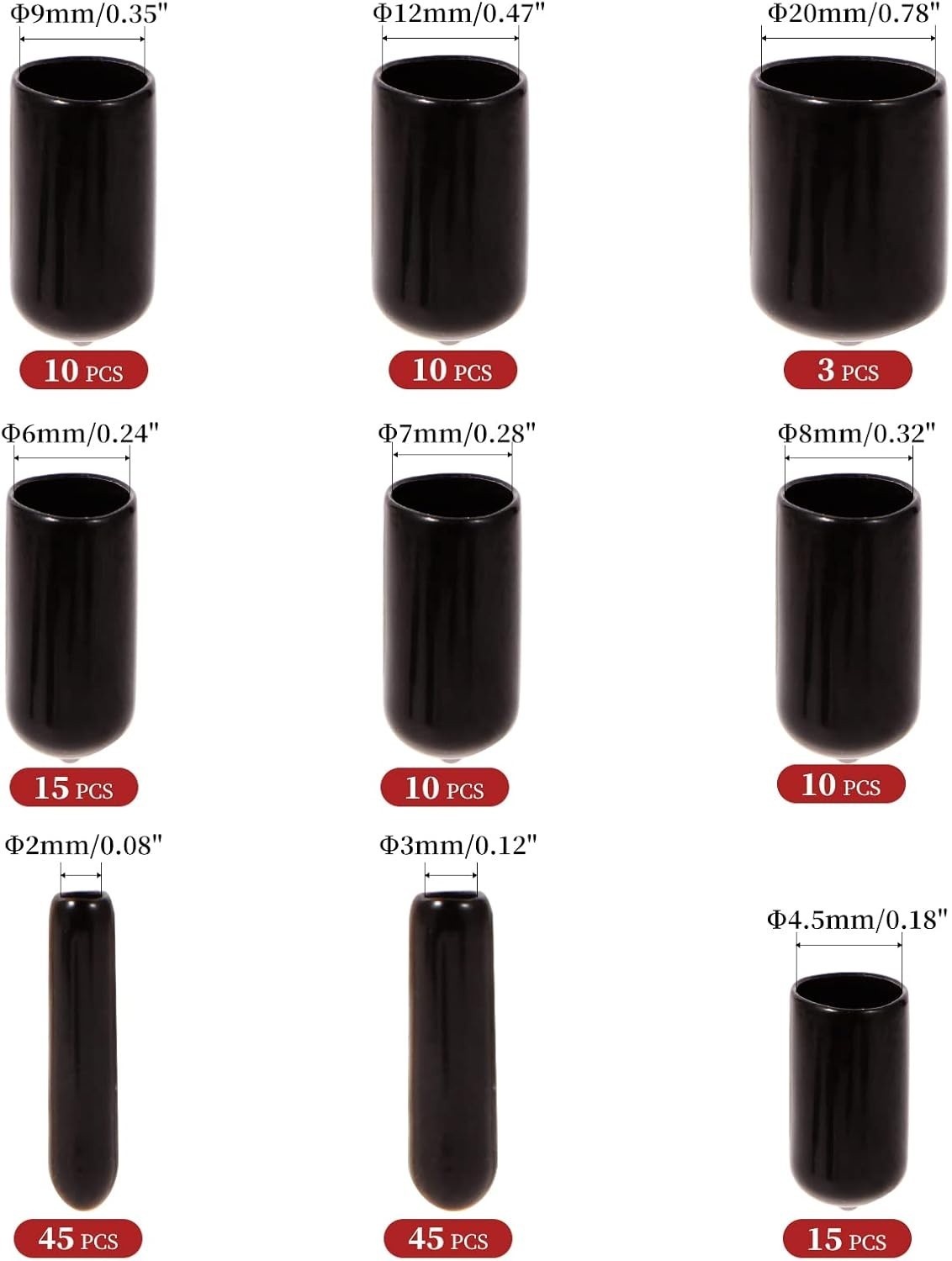 163PCS Rubber End Caps Assortment Round Bolt Screw Covers, Vinyl Tube Caps Black