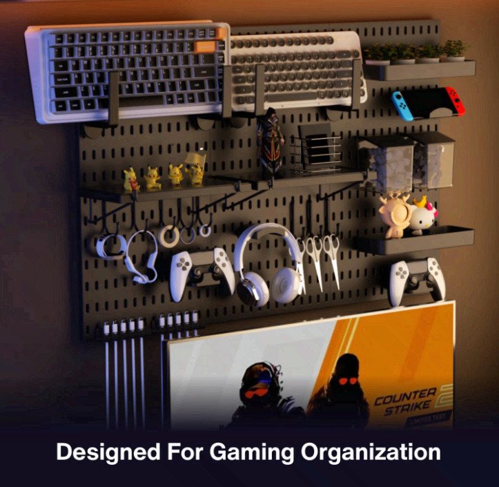 Gaming Pegboard Wall Organizer 33×22 w/ Adhesive Screw Mounts