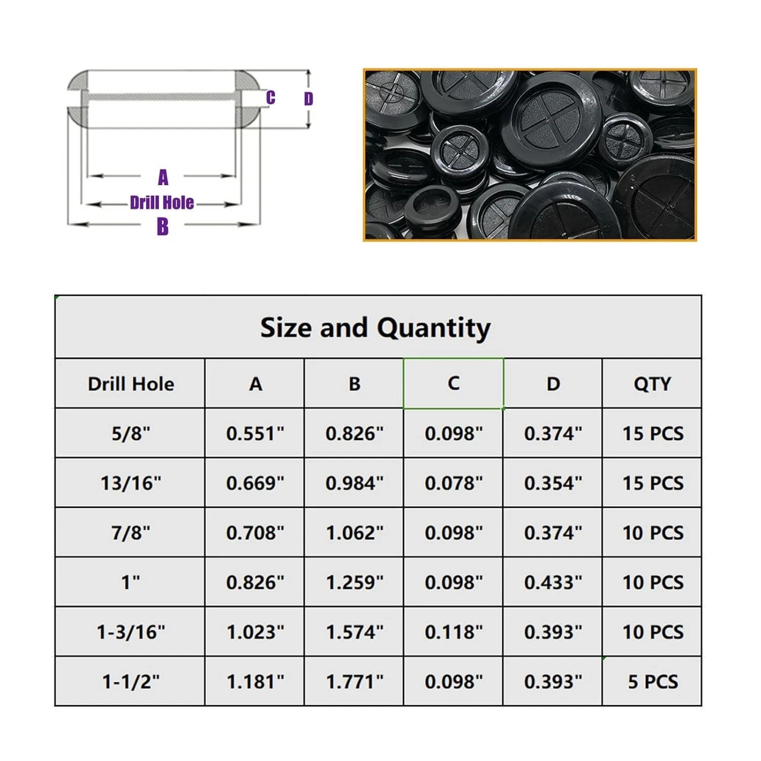 65Pcs Round Rubber Grommets kit 6 Sizes Double Sided Rubber Grommets for Wiring