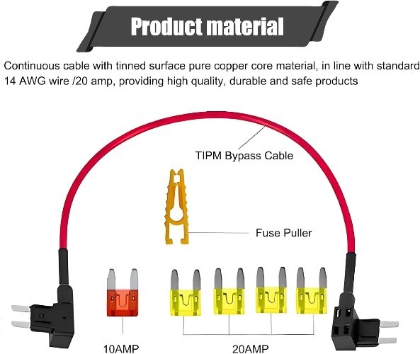 1 PC Car Fuse Adapter with Standard 14 AWG Wire, 20 Amp Bypass Cable and Puller
