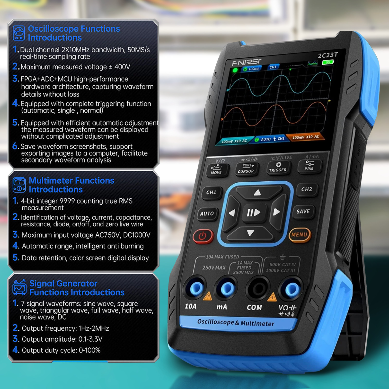 Portable FNIRSI 2C23T Handheld Digital Oscilloscope+Multimeter+Signal Generator
