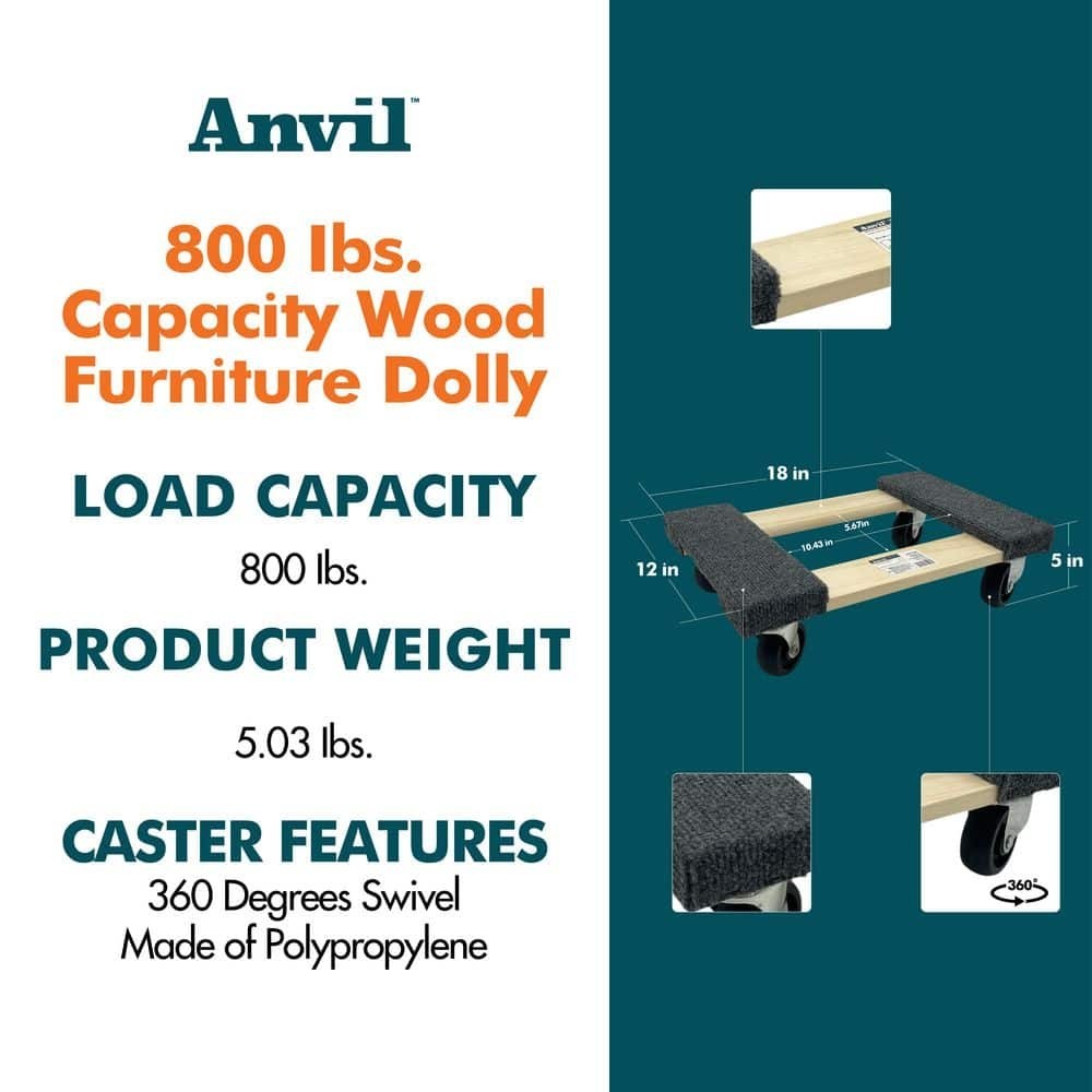 800 Lbs Capacity 18 In Wood Furniture Dolly Heavy Duty Moving Cart Wheels