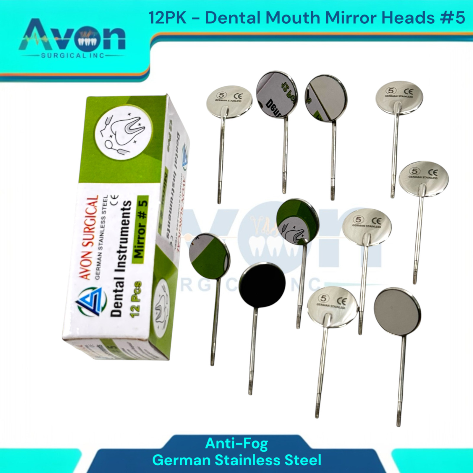 Dental Mouth Mirror Heads #5, Anti-Fog, Cone Socket | Stainless Steel (12PK)