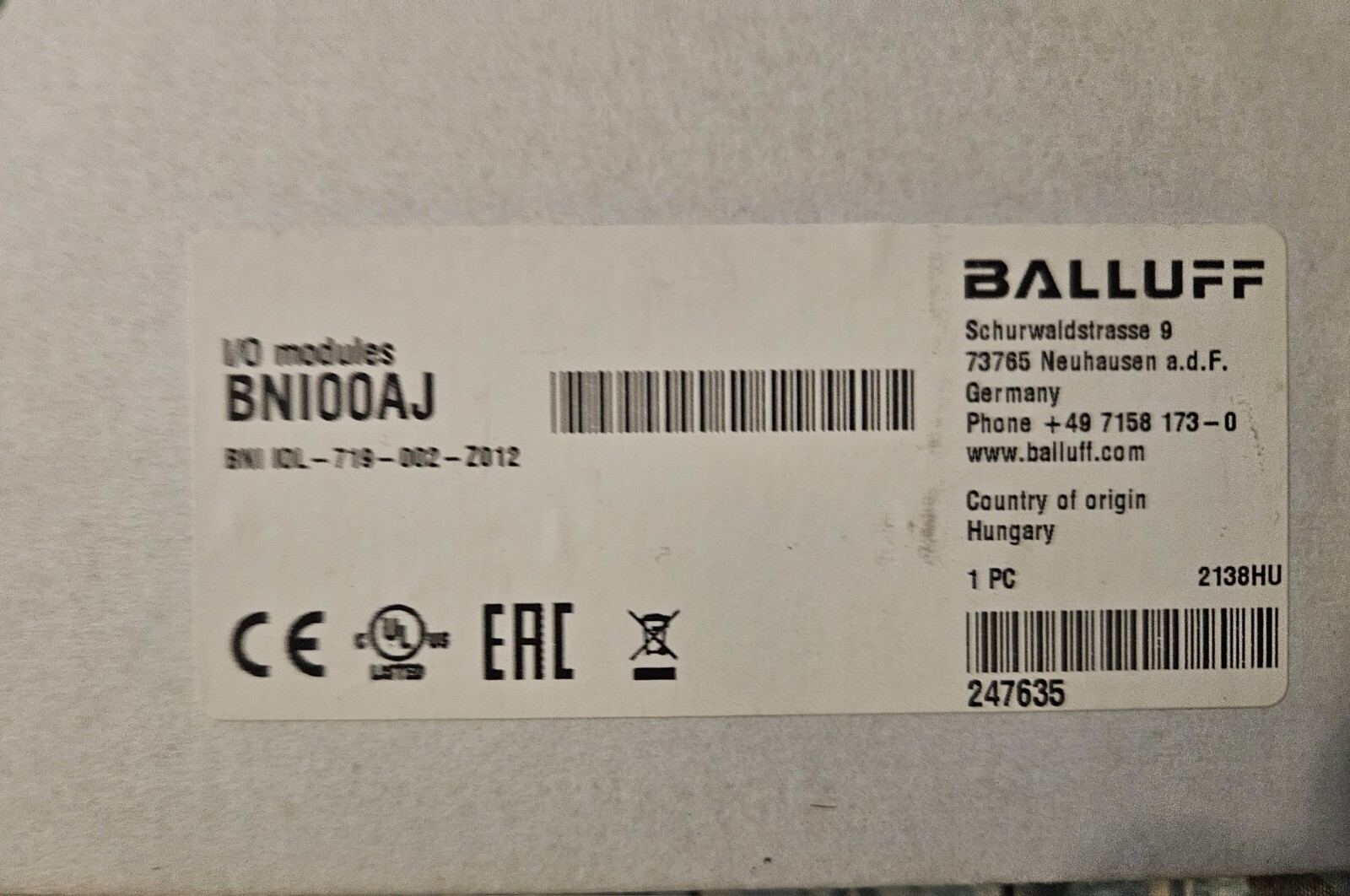 BALLUFF BNI00AJ, SENSOR / ACUATOR HUB, BNI IOL-719-002-Z012, NEW #323648