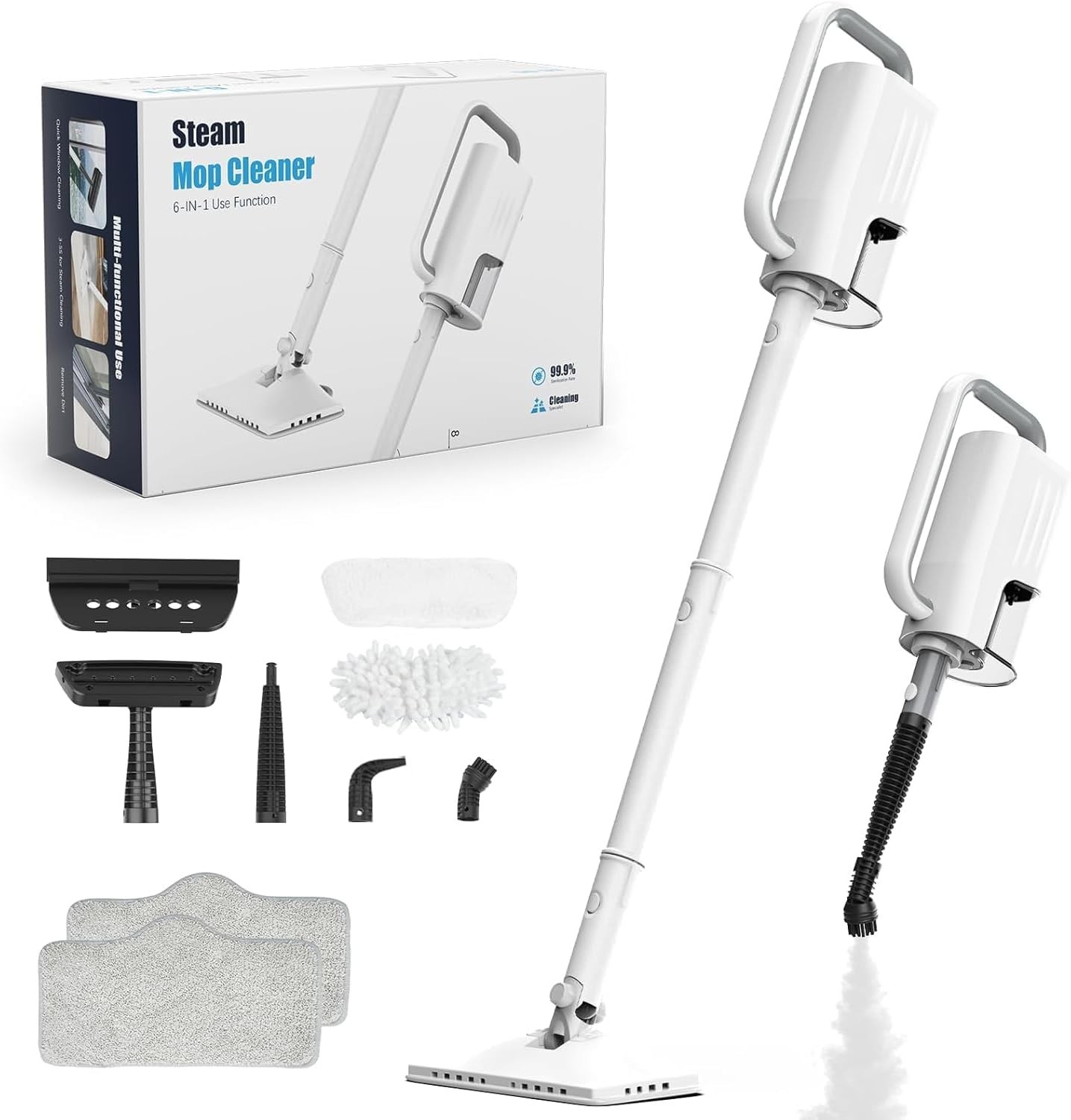 6-in-1 Steam Mop Cleaner, 2 Modes, 2 Microfiber Pads, 400ML Tank, 23FT Cable