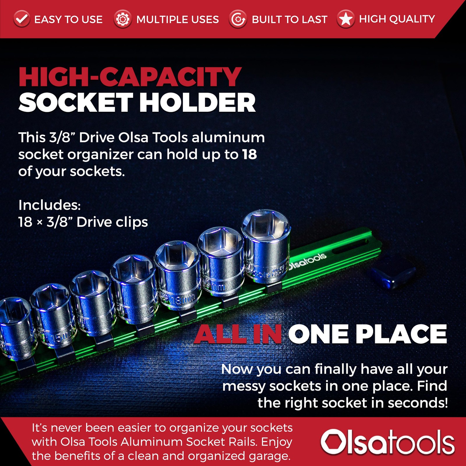 Olsa Tools Socket Organizer – 1/4-Inch Drive Drive, Green