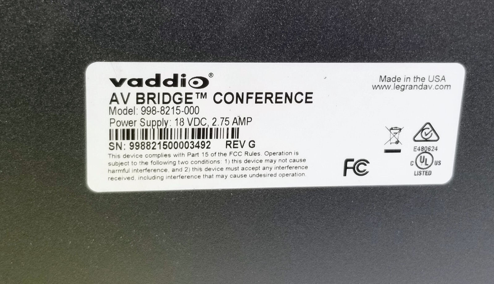 Vaddio AV Bridge Conference 998-8215-000 w/Power Adapter