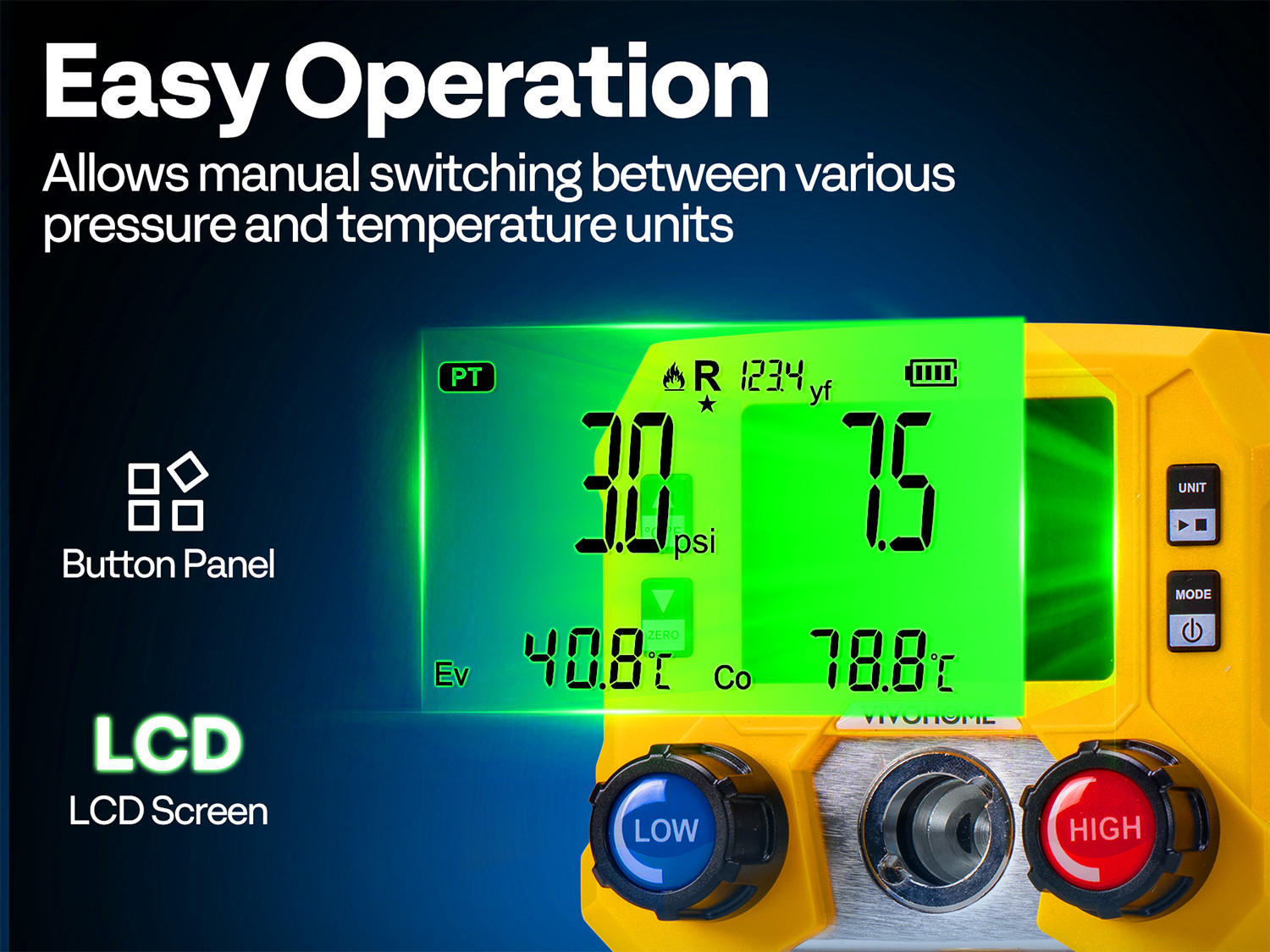 Refrigeration Digital AC Manifold Gauge Set 3 Way HVAC Gauges for R1234yf R134a