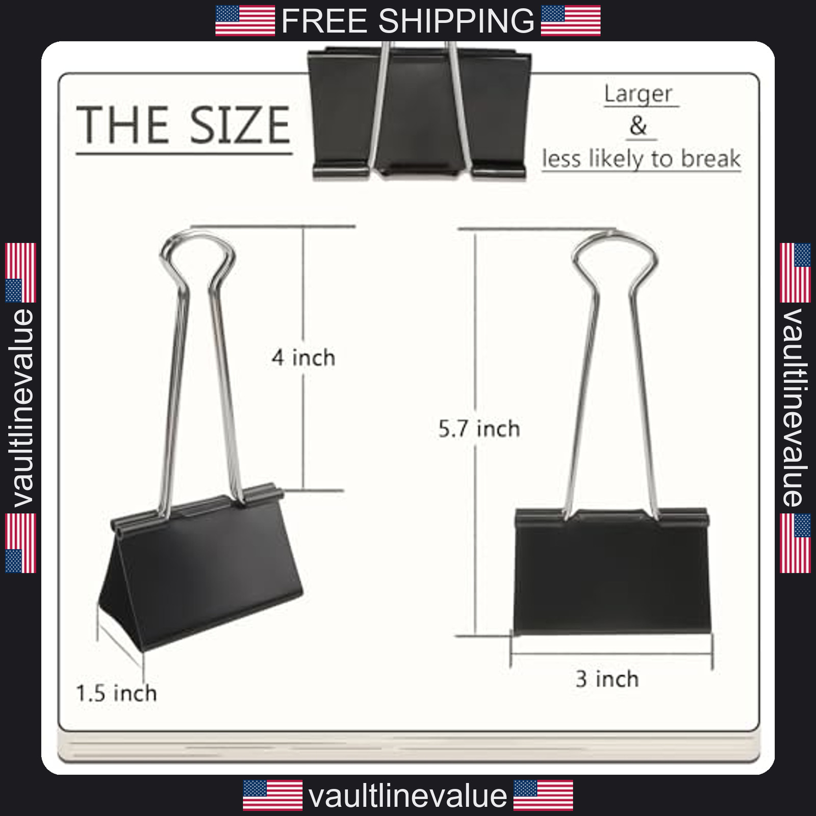 8 Pack 3 Inch Extra Large Binder Clips Heavy Duty Black Paper Clamps 75mm