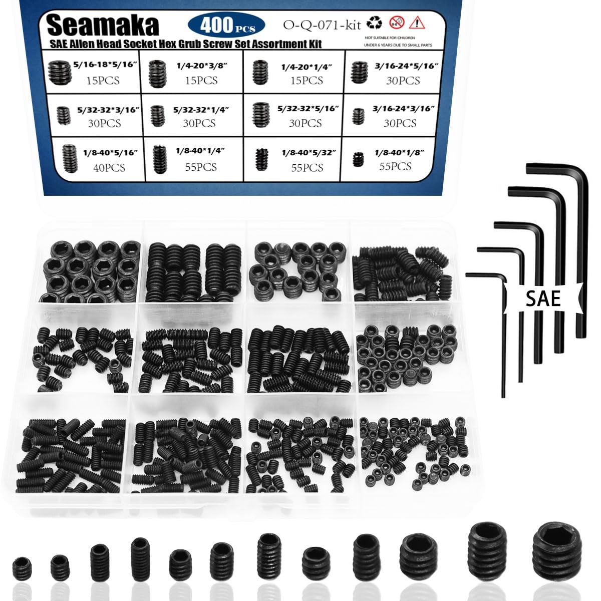 400Pcs SAE Set Screws Assortment Kit with Allen Keys,12 Size 12.9 Class Alloy St