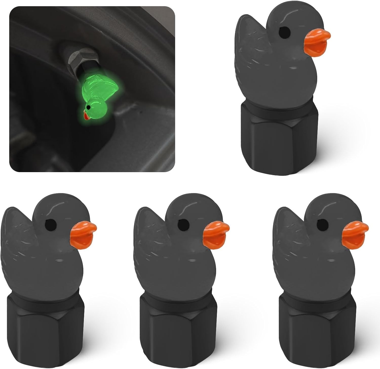 Glow in The Dark Cute Duck Tire Valve Caps, 4 Pack for Cars Motor Color: black