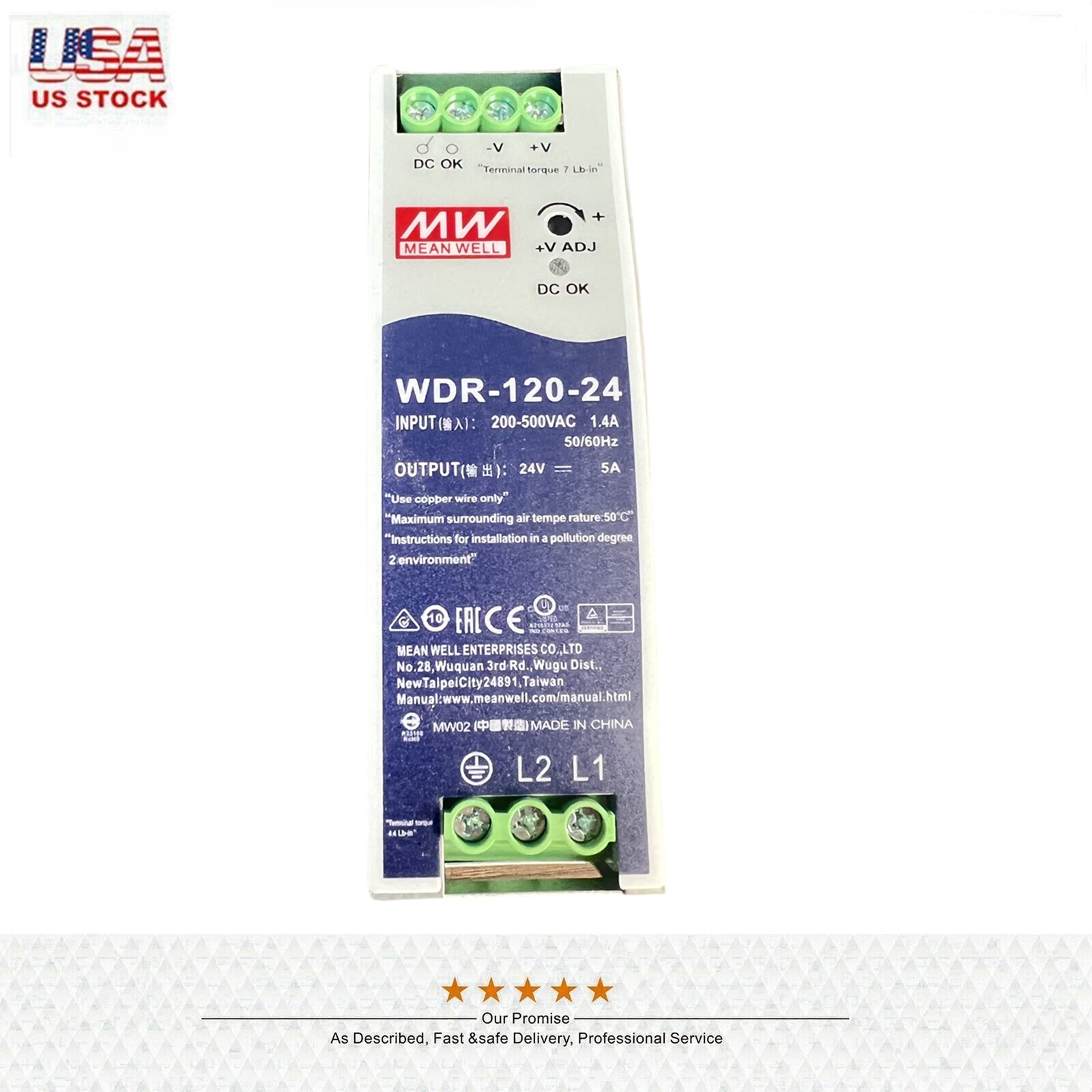 NEW Mean Well WDR-120-24 AC-DC DIN Rail Power Supply Output 24VDC 5A