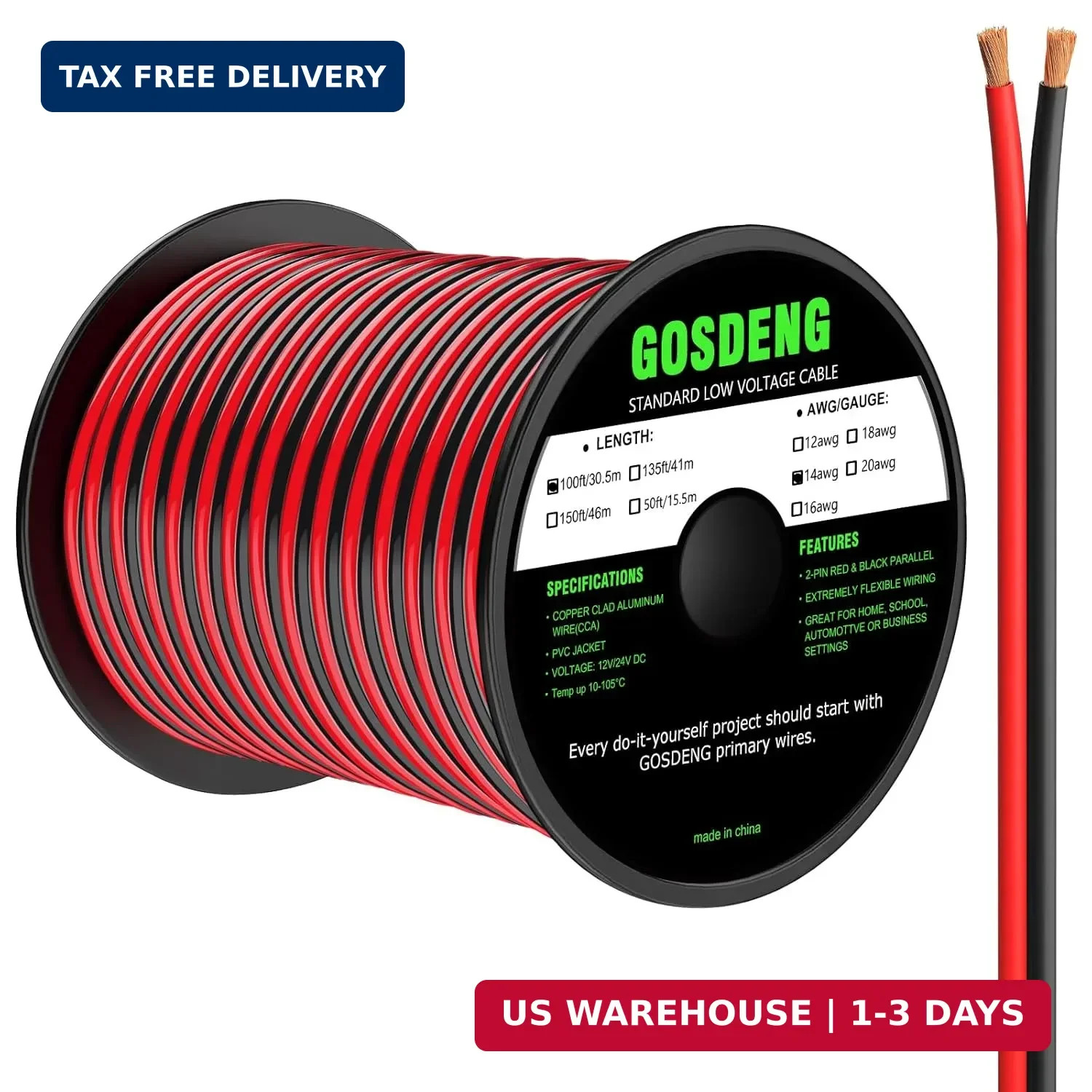 14 Gauge Wire 100FT, 2 Conductors Electrical Wire Red and Black Cable, Low Volta