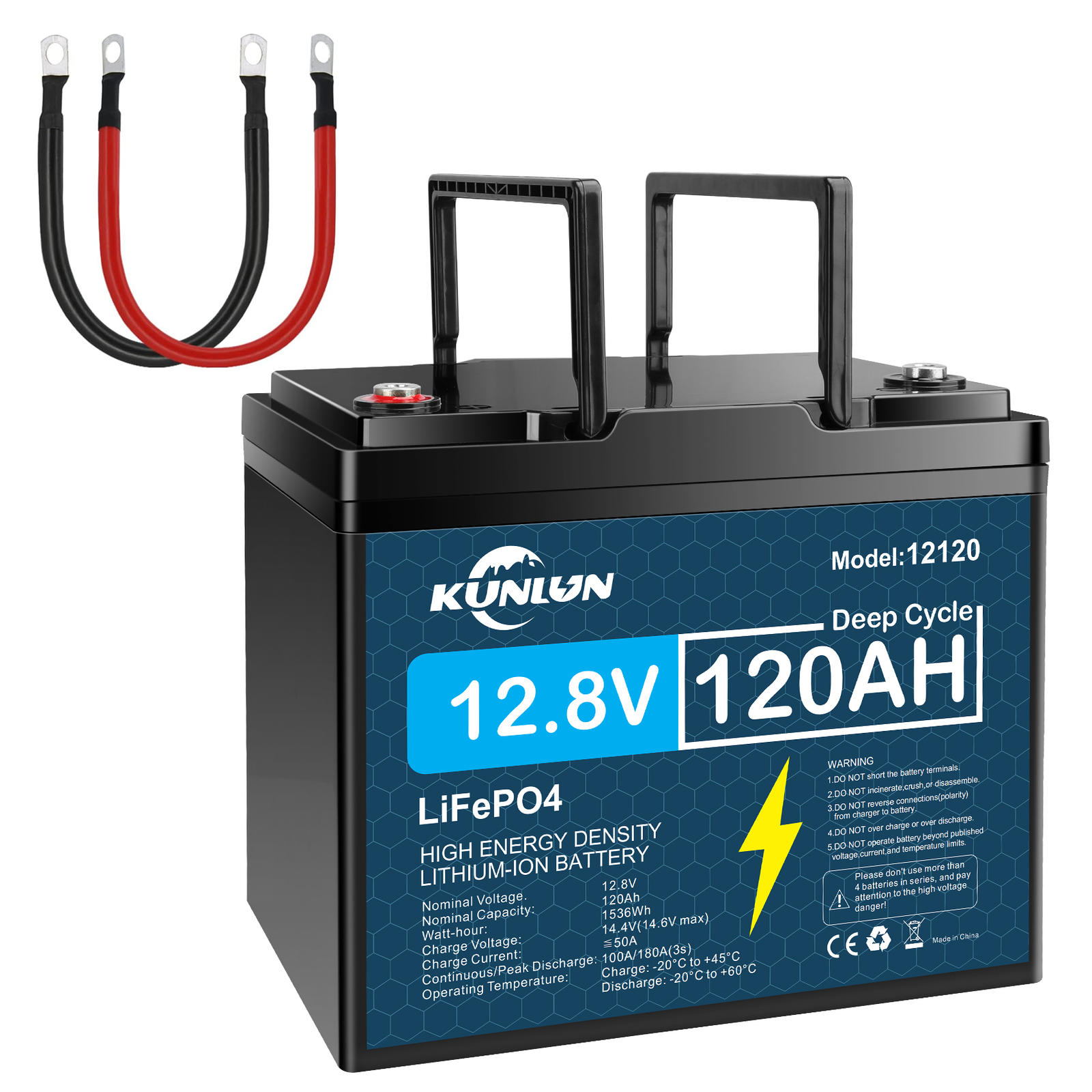 KUNLUN 1536Wh 12V 120Ah LiFePO4 Lithium Battery Deep Cycle BMS With 20A Charger