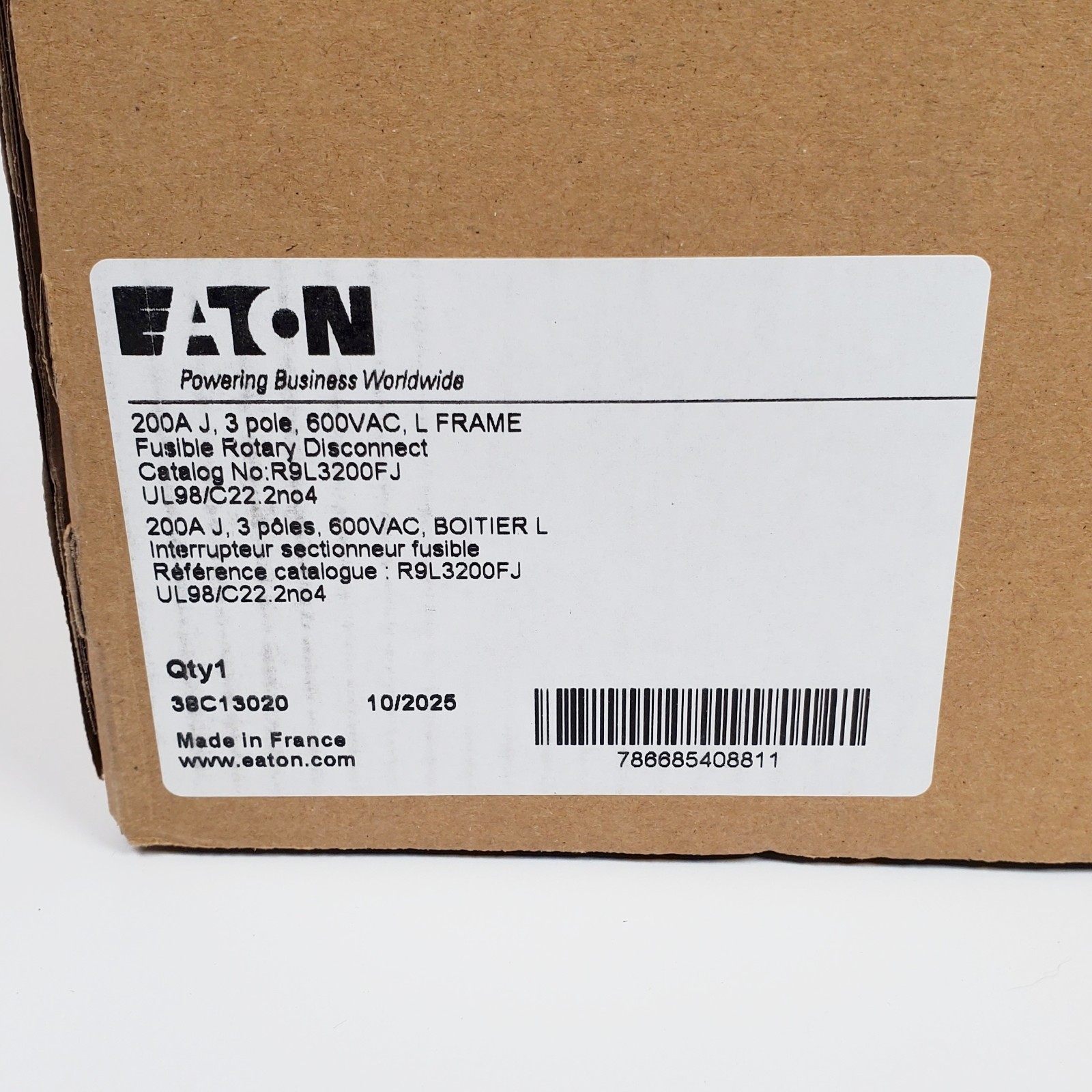 EATON R9L3200FJ Fusible Rotary Disconnect 200A, 3 Pole, 600VAC, L Frame, New!