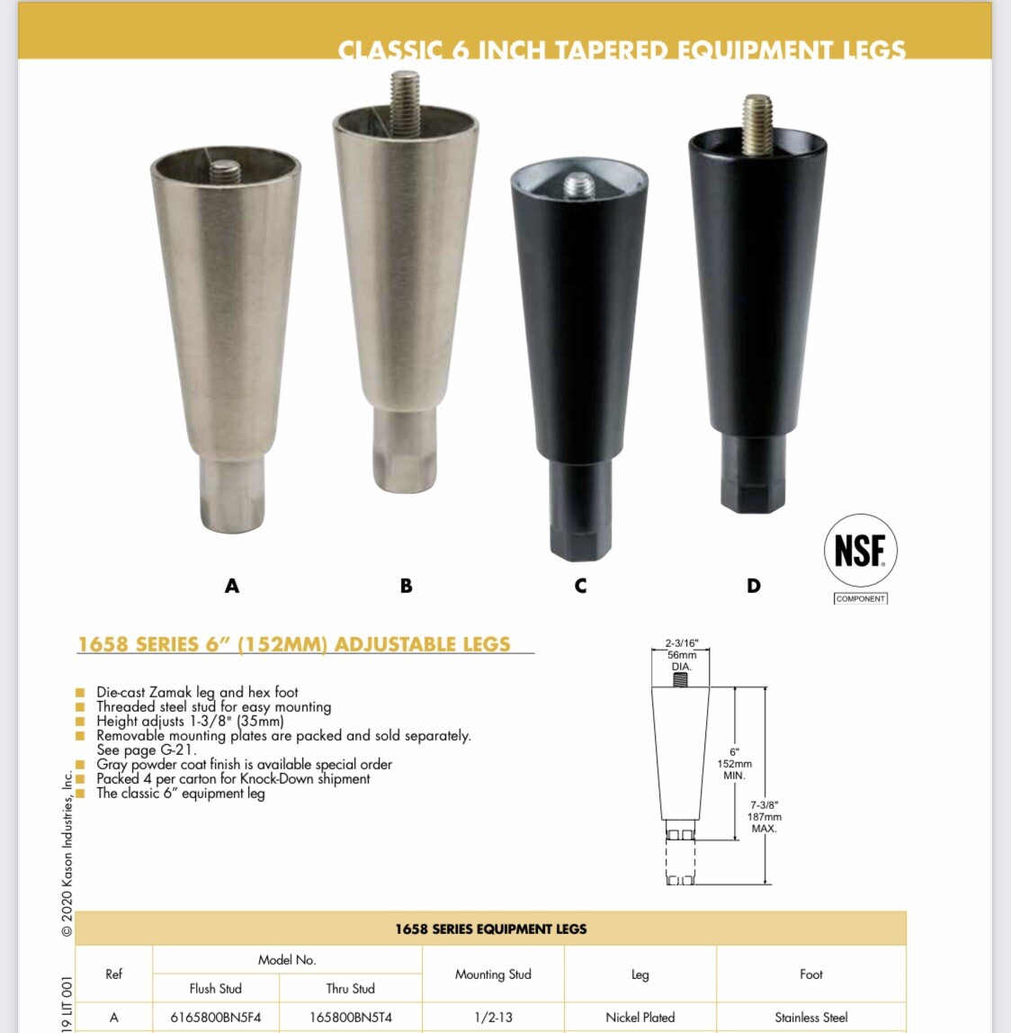 Kason 6165800BN5F4 Classic 6” Tapered Leg (Carton of 4)