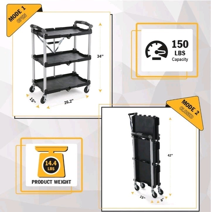 Olympia Tools 85-188 3-Shelf Collapsible Service Cart – Black