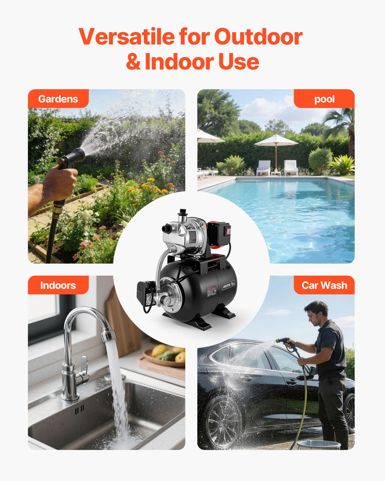 1 HP Shallow Well Pump with Pressure Tank, 120V 1000 GPH, for Home Garden Lawn
