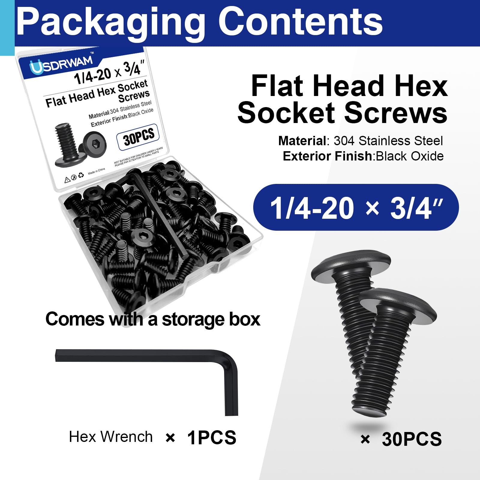 30 Pcs 1/4″-20 x 3/4″ Flat Head Socket Cap Screws Bolts, 304 Stainless Steel,