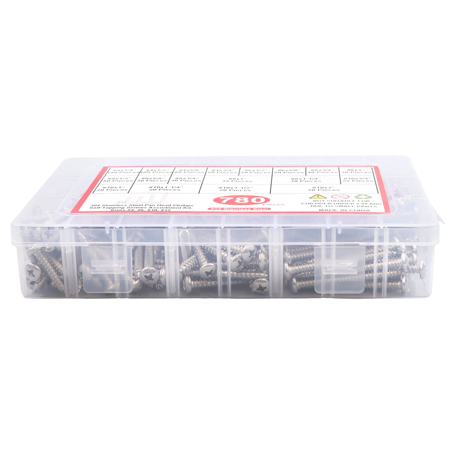 780 Pcs Pan Head Sheet Metal Screws Assortment Kit #4#6#8#10 Stainless