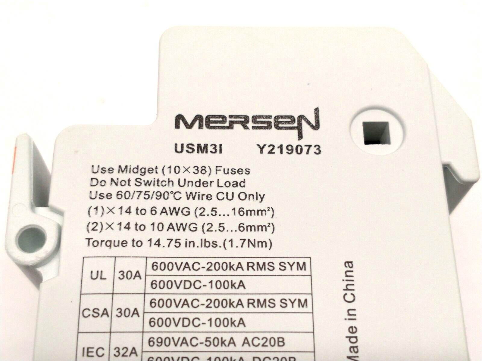 Mersen Ferraz Shawmut USM3I UltraSafe Midget Fuse Holder 30A 600V 3P Y219073