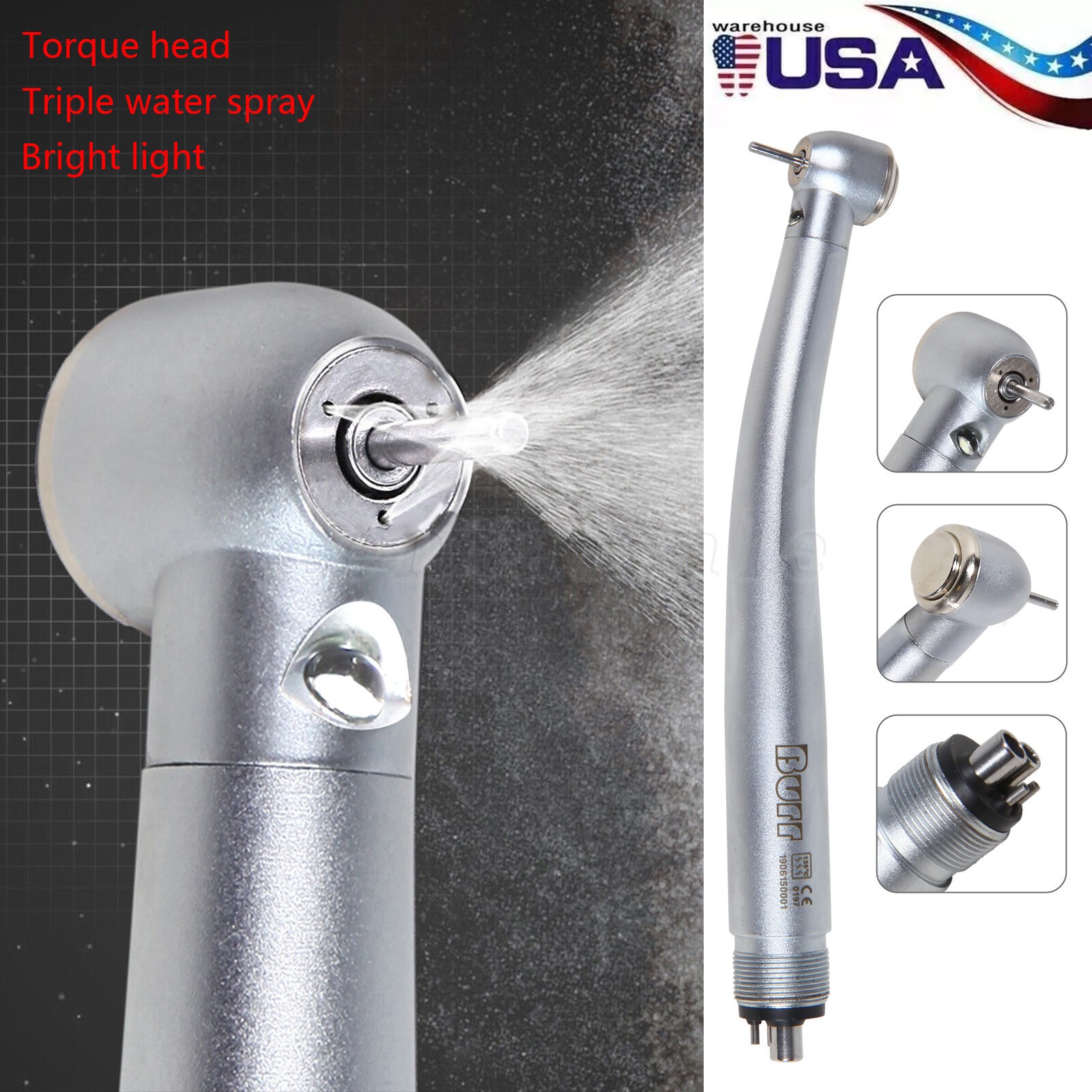 Dental LED Handpiece Standard Push Button High Speed Handpiece 4 Holes Burr NEW