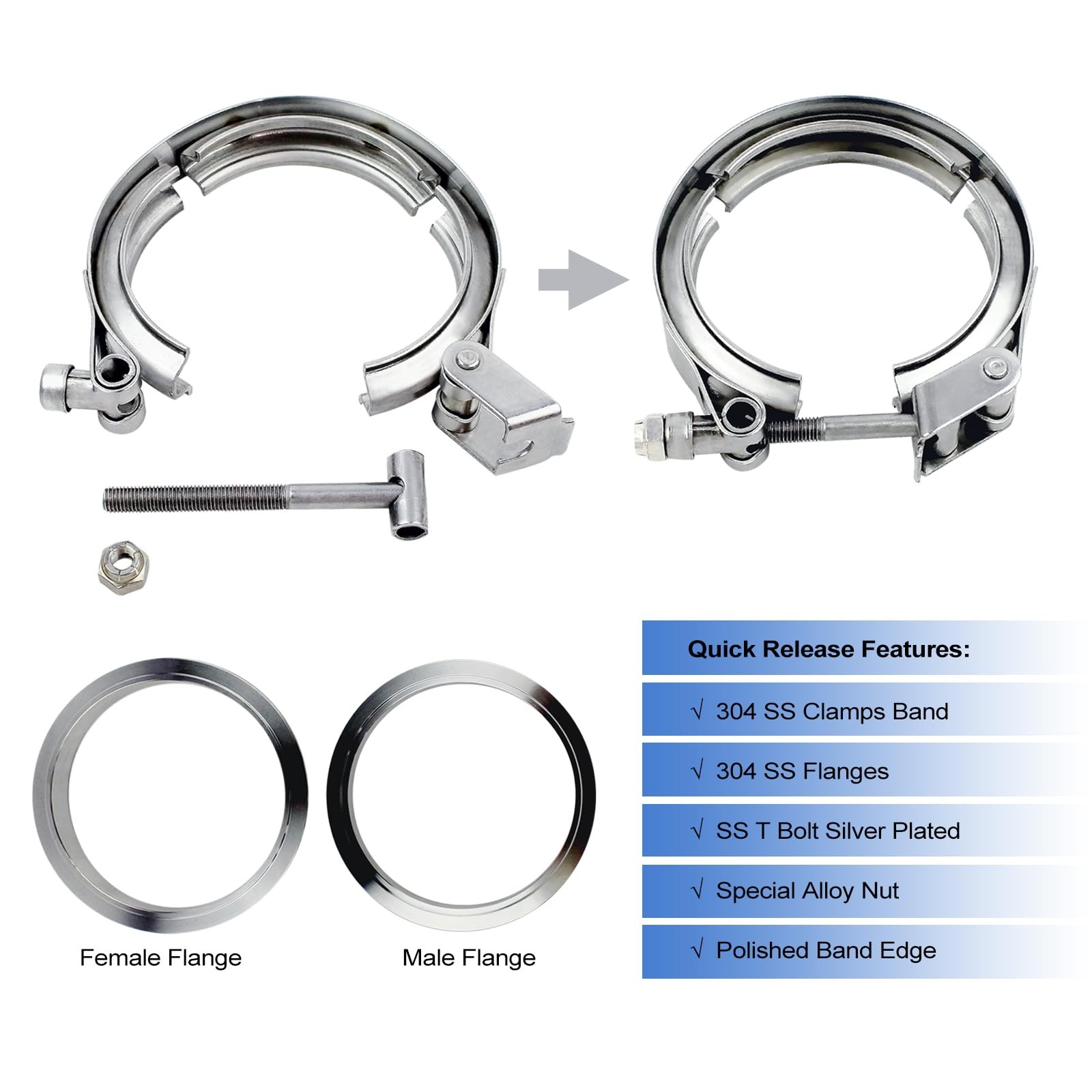 2.75 inch V Band Clamp – 2 sets of Quick Release V band Exhaust Clamp Stainle…
