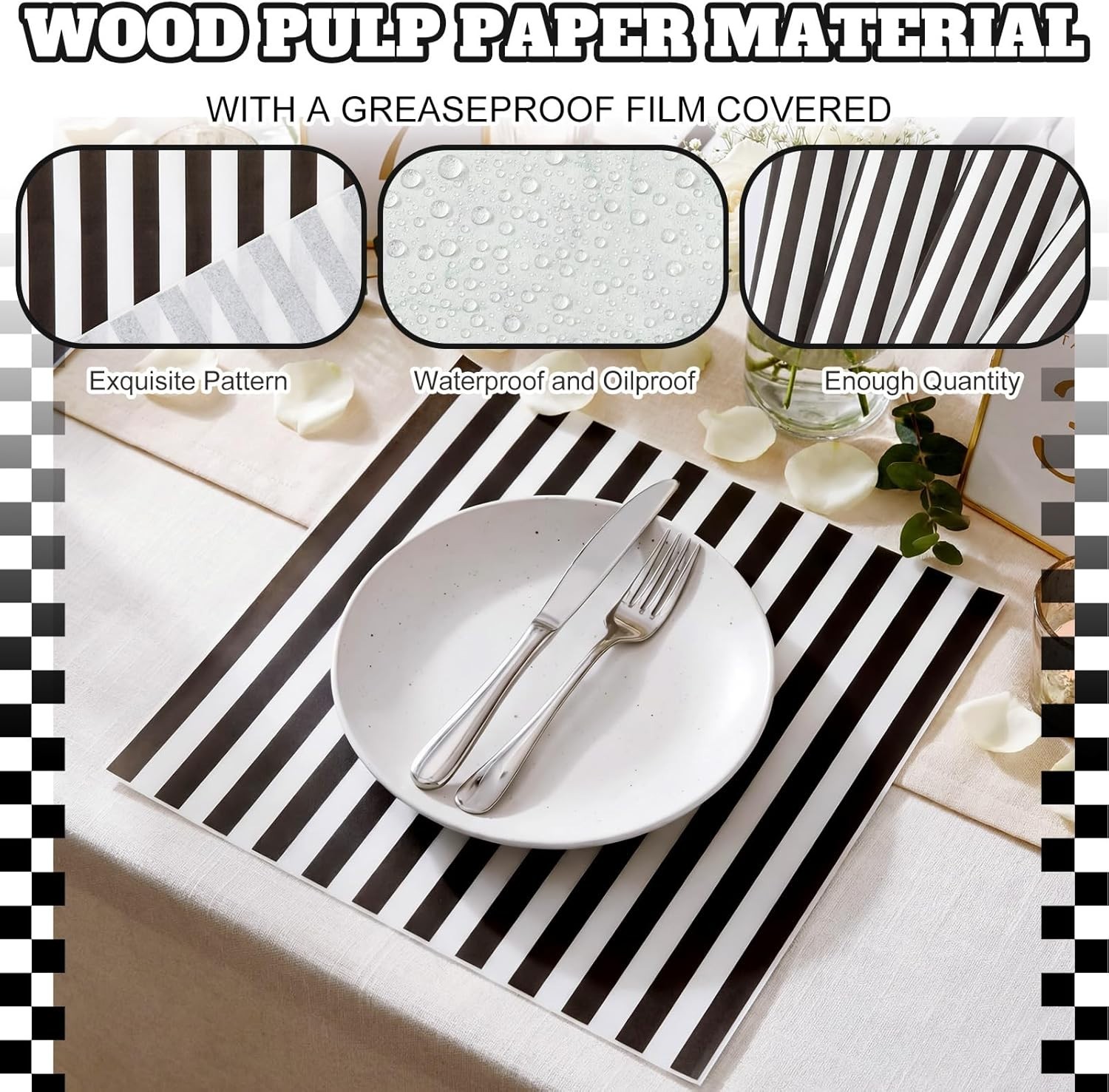 100 Sheets Black and White Striped Wax Paper for Food Wrapping 12 X 12 Inches Fo