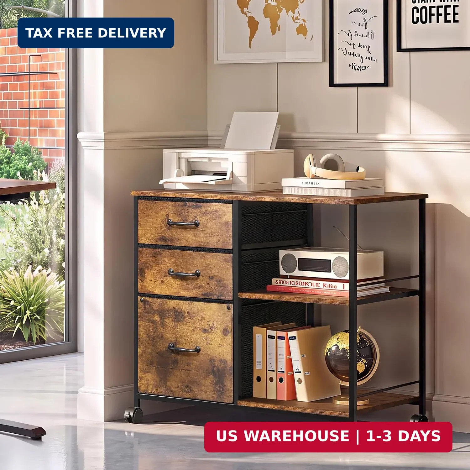 3 Drawer Mobile File Cabinet with Open Storage Shelf | Rolling Printer Stand, Fa