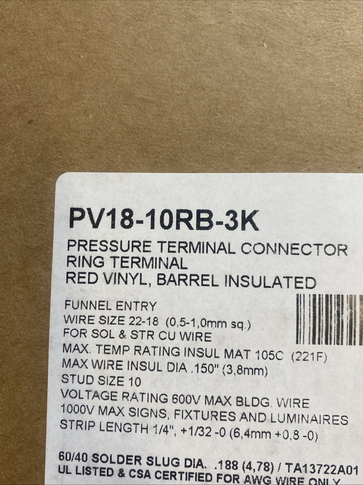 NEW Pressur Terminal Connector PV18-10RB-3K QTY 350 Overnight Shipping Available