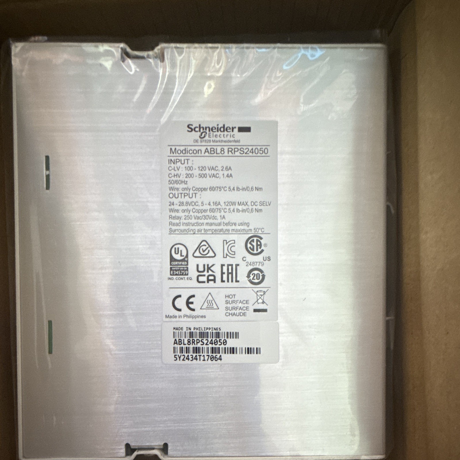 Schneider Electric Modicon ABL8RPS24050 DIN Rail Power Supply 24VDC 5A 120W