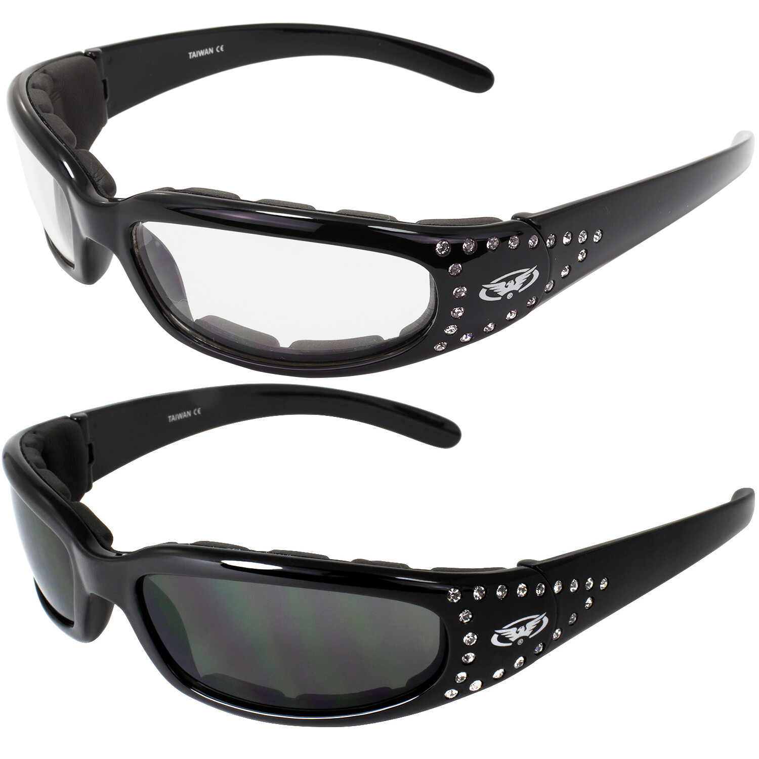 Set of 2 Women Motorcycle Padded Riding Glasses Clear & Smoke with Rhinestones