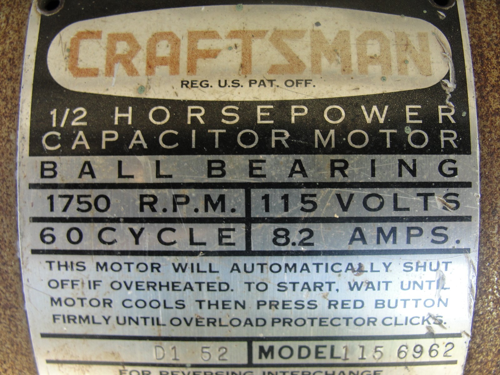 Craftsman 1/2 Hp Electric Motor 1750 RPM 115V 8.2 AMP Model 115.6962 Read Descri