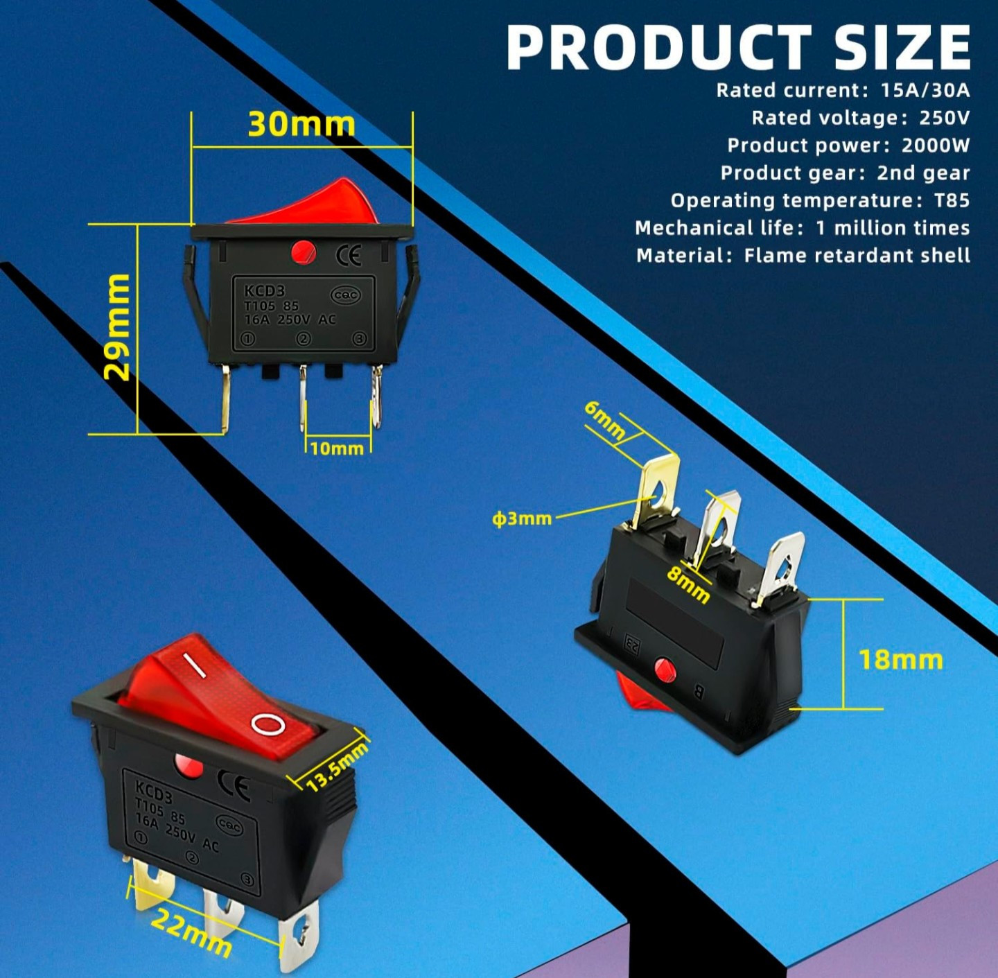 5 Pcs AC110V/120V Rocker Switch Red Light 3 Pin LED SPST ON-Off USA SHIPPING