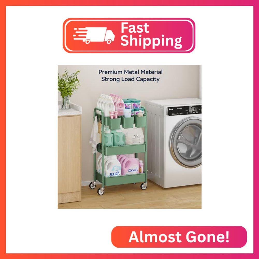 YASONIC 3-Tier Rolling Cart, Green, 66 Pounds Capacity, Mesh Storage Organizer w