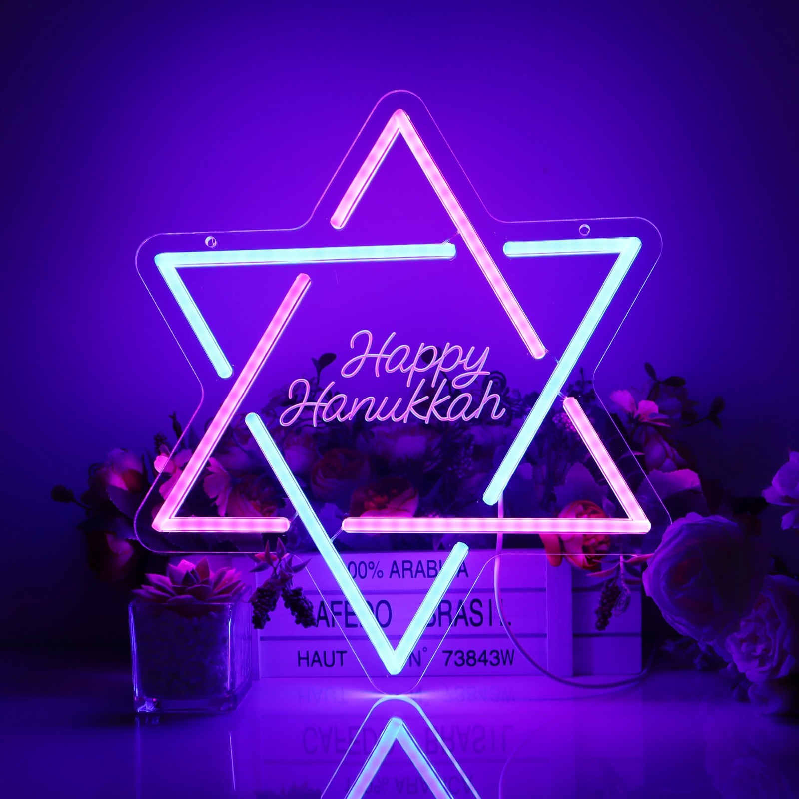 Hanukkah Neon Sign, | David Star Pink Blue Gradient LED Light with ‘Happy Han…